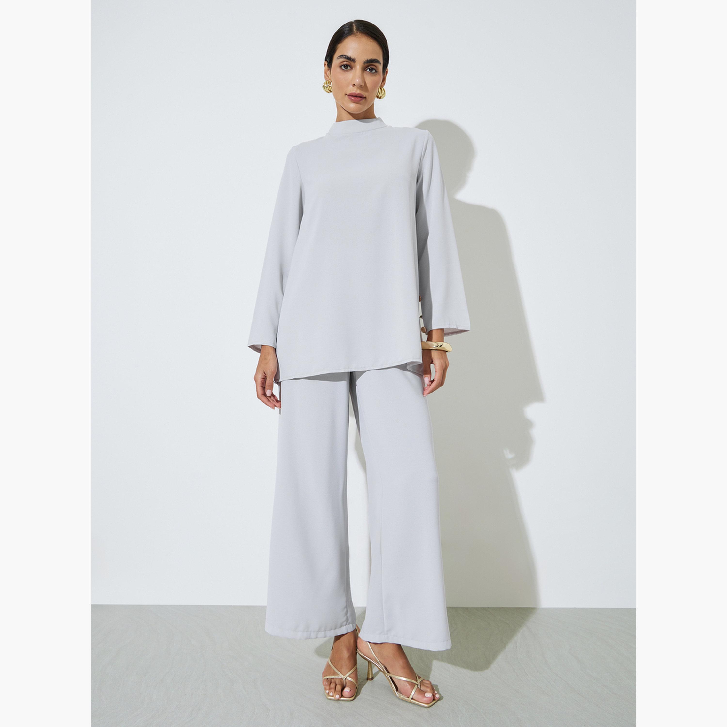 Amirah X Styli Solid High Neck Longline Top with Button Detail and Wide Leg Pants Set-women-arabicclothing-sets-image-1
