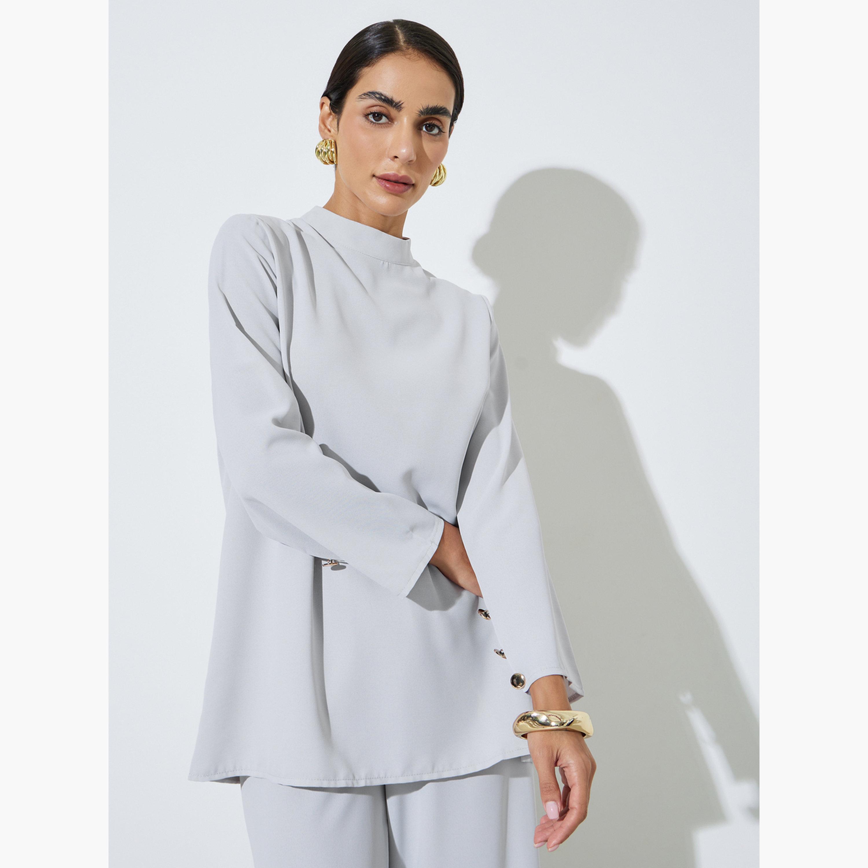 Amirah X Styli Solid High Neck Longline Top with Button Detail and Wide Leg Pants Set-women-arabicclothing-sets-image-2