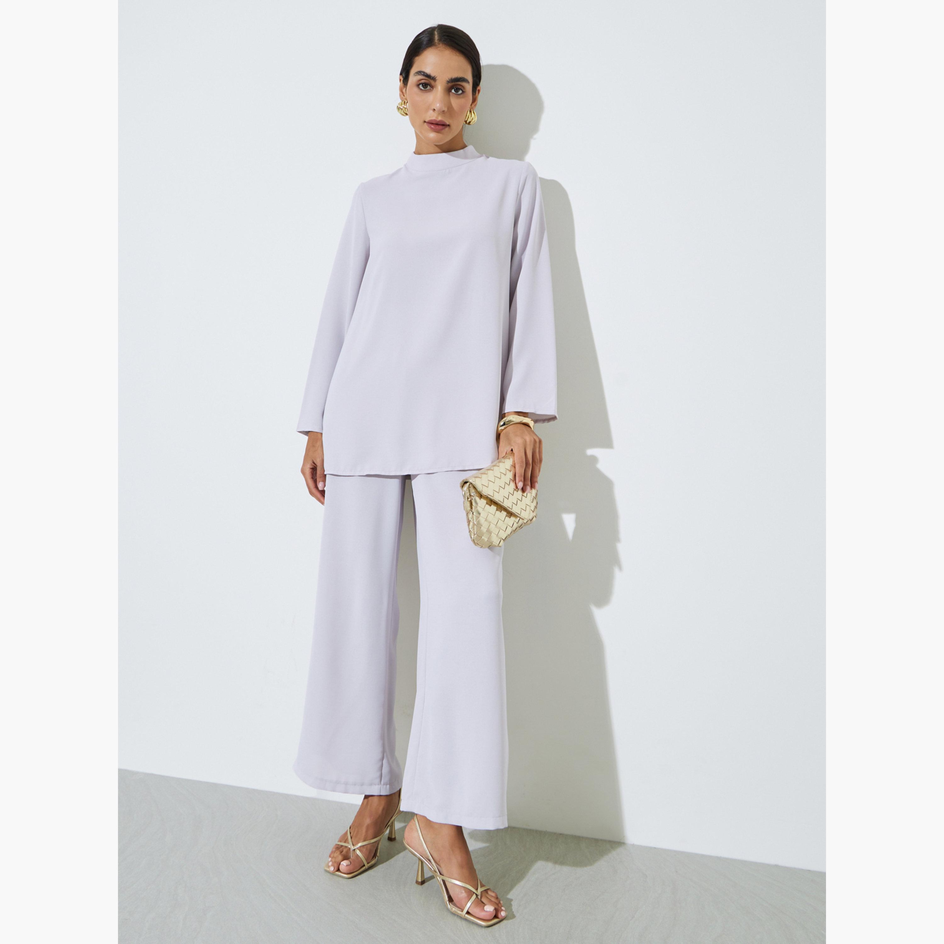 Amirah X Styli Solid High Neck Longline Top with Button Detail and Wide Leg Pants Set-women-arabicclothing-sets-image-3