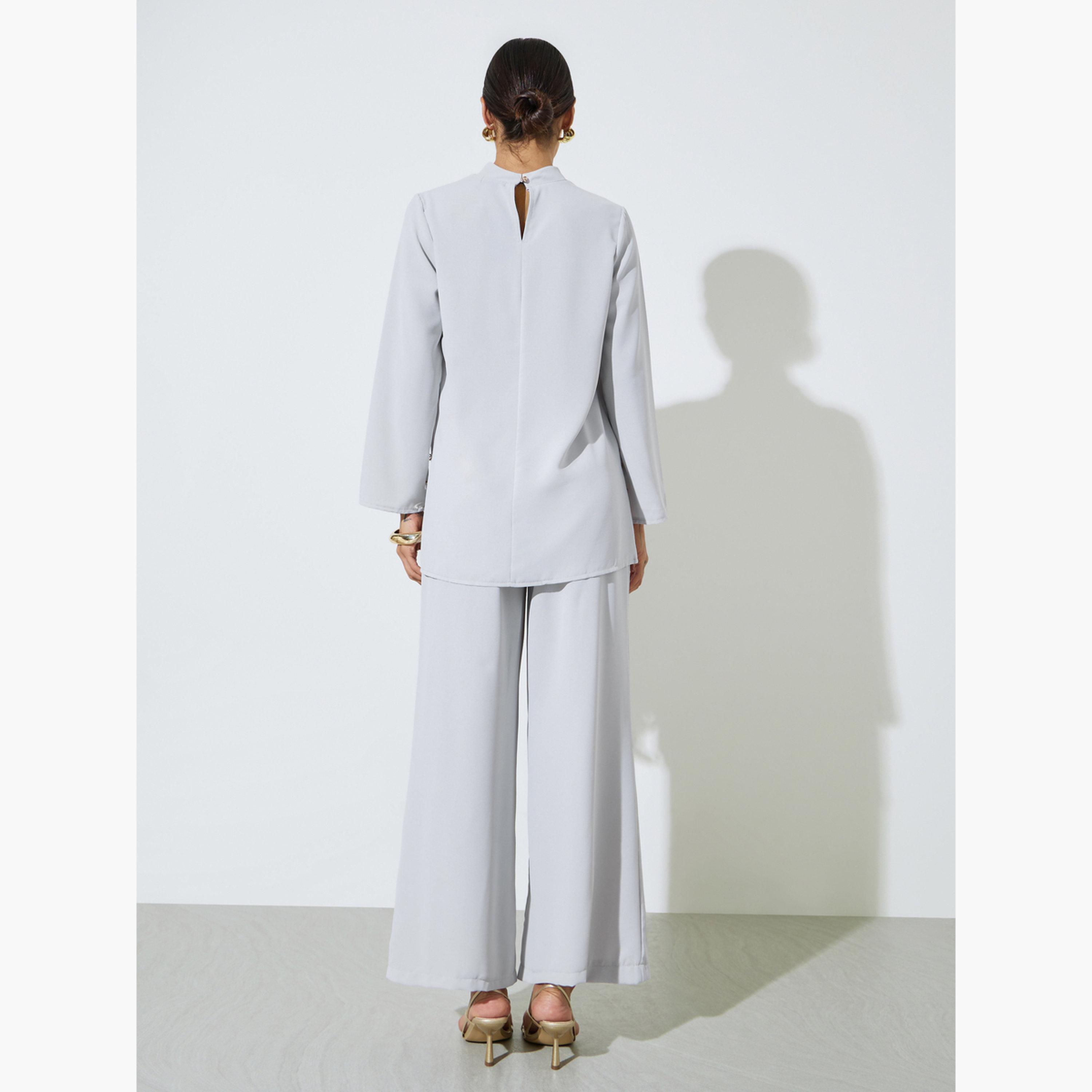 Amirah X Styli Solid High Neck Longline Top with Button Detail and Wide Leg Pants Set-women-arabicclothing-sets-image-4