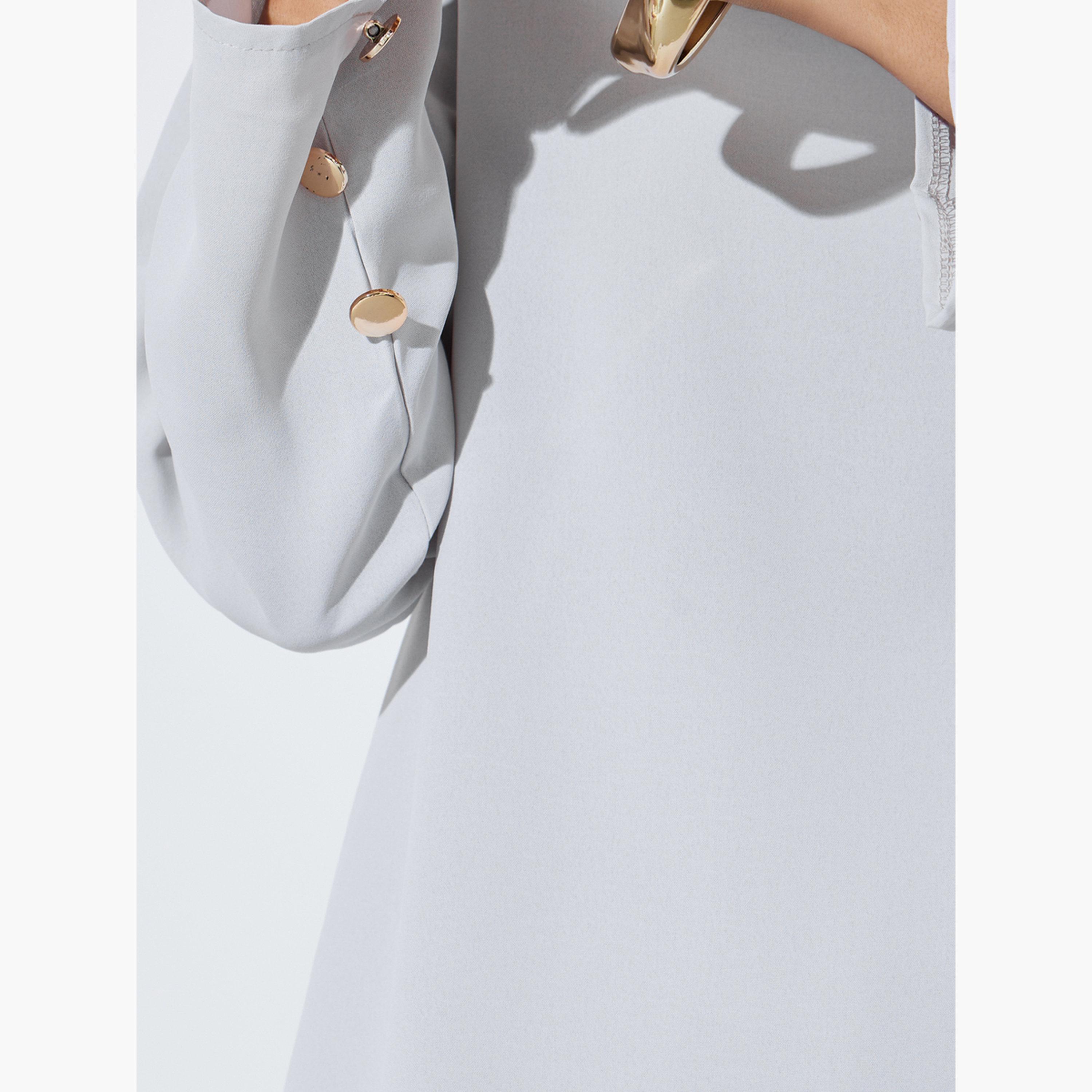 Amirah X Styli Solid High Neck Longline Top with Button Detail and Wide Leg Pants Set-women-arabicclothing-sets-image-6