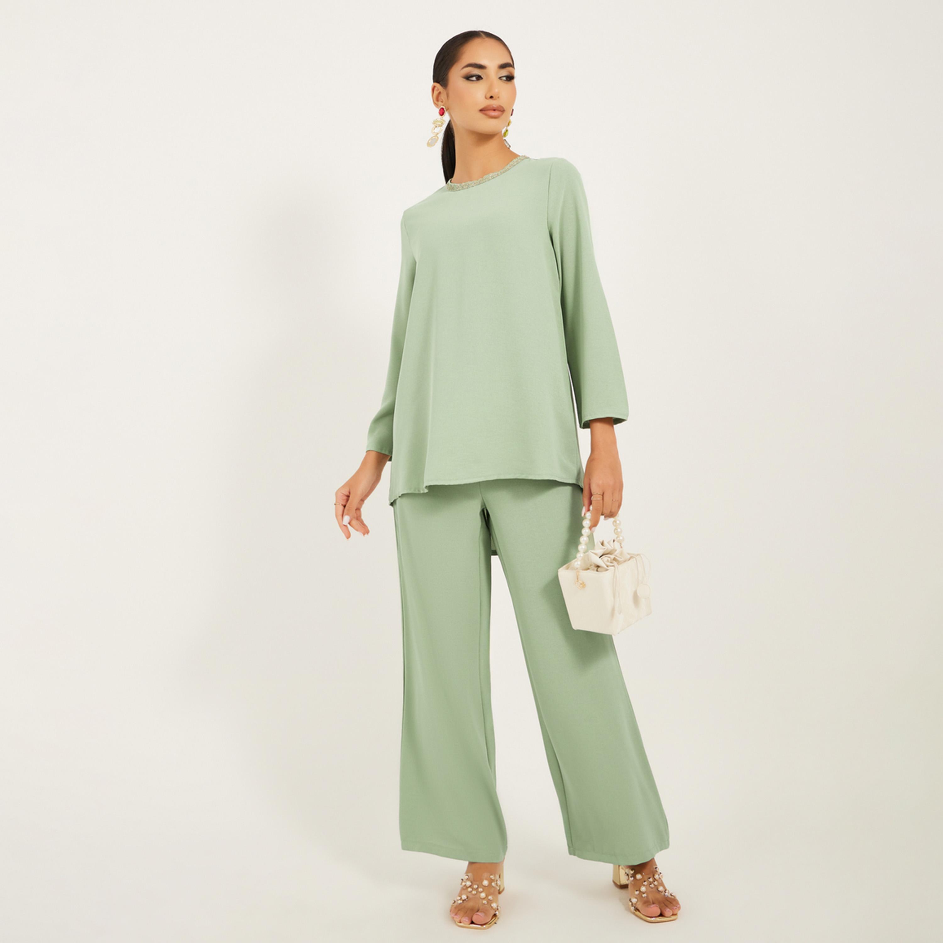 ستايلي - طقم بلوزة طويلة بأكمام 3/4 مع حواف من الدانتيل الذهبي وبنطال واسع الساق-women-arabicclothing-sets-image-1
