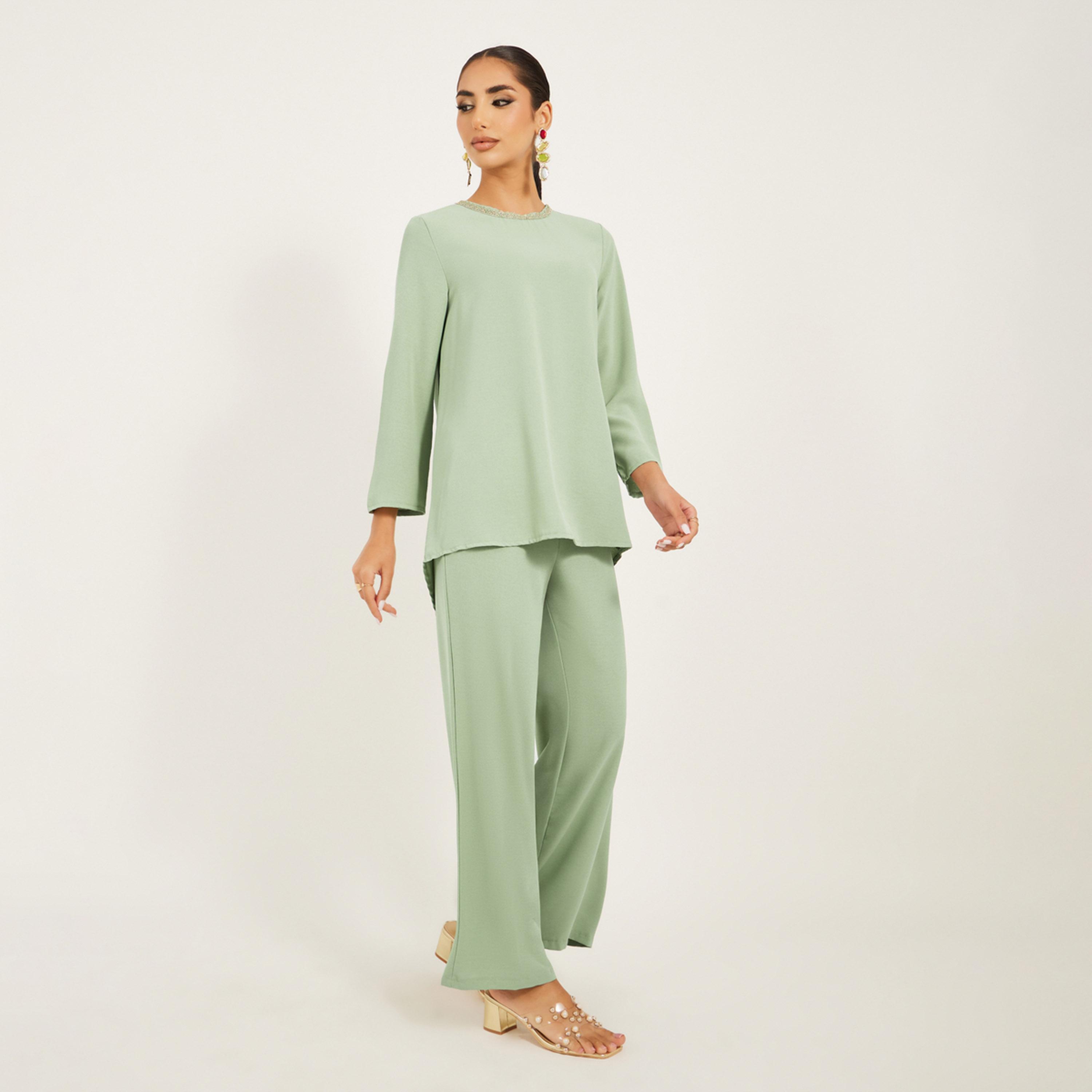 ستايلي - طقم بلوزة طويلة بأكمام 3/4 مع حواف من الدانتيل الذهبي وبنطال واسع الساق-women-arabicclothing-sets-image-2