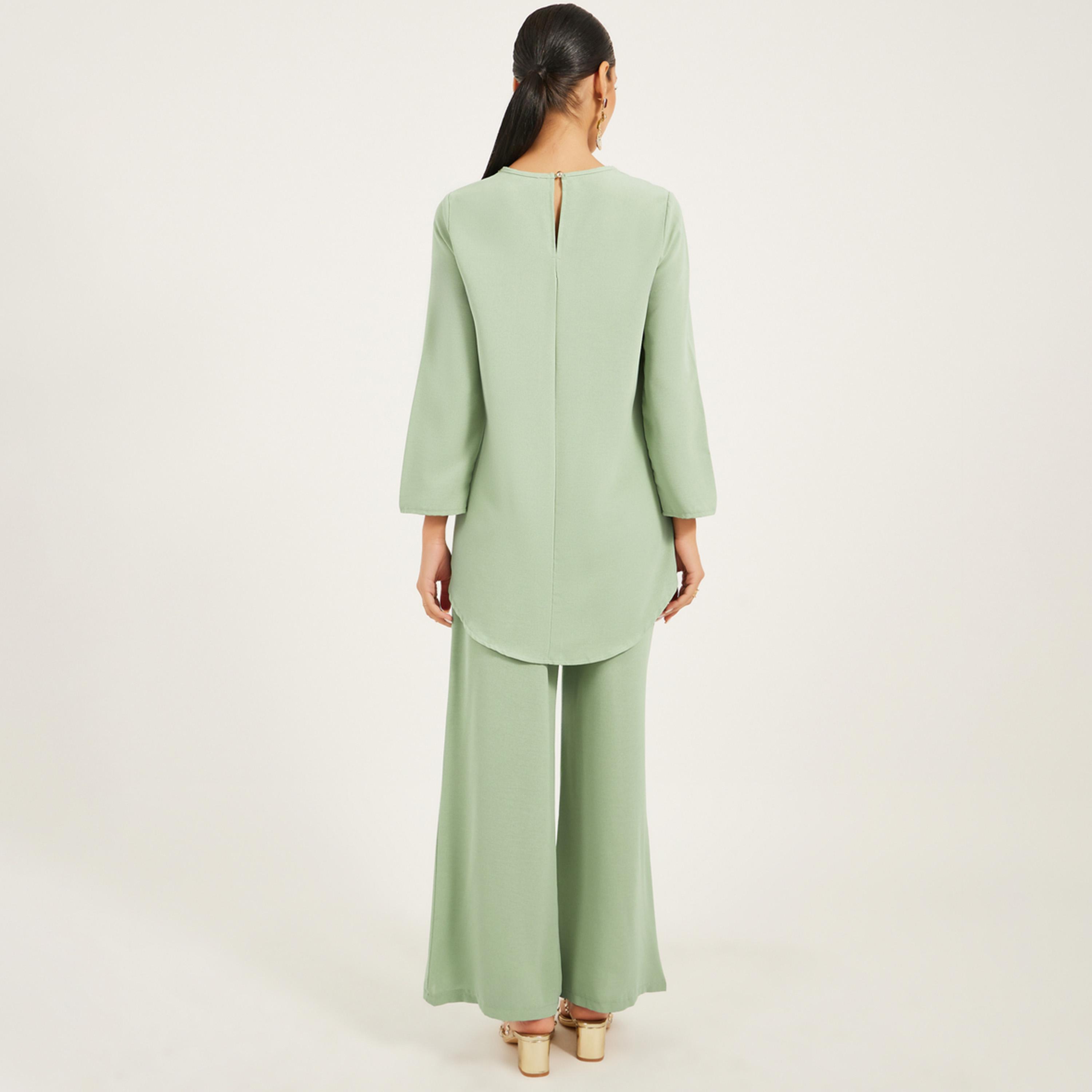 ستايلي - طقم بلوزة طويلة بأكمام 3/4 مع حواف من الدانتيل الذهبي وبنطال واسع الساق-women-arabicclothing-sets-image-5