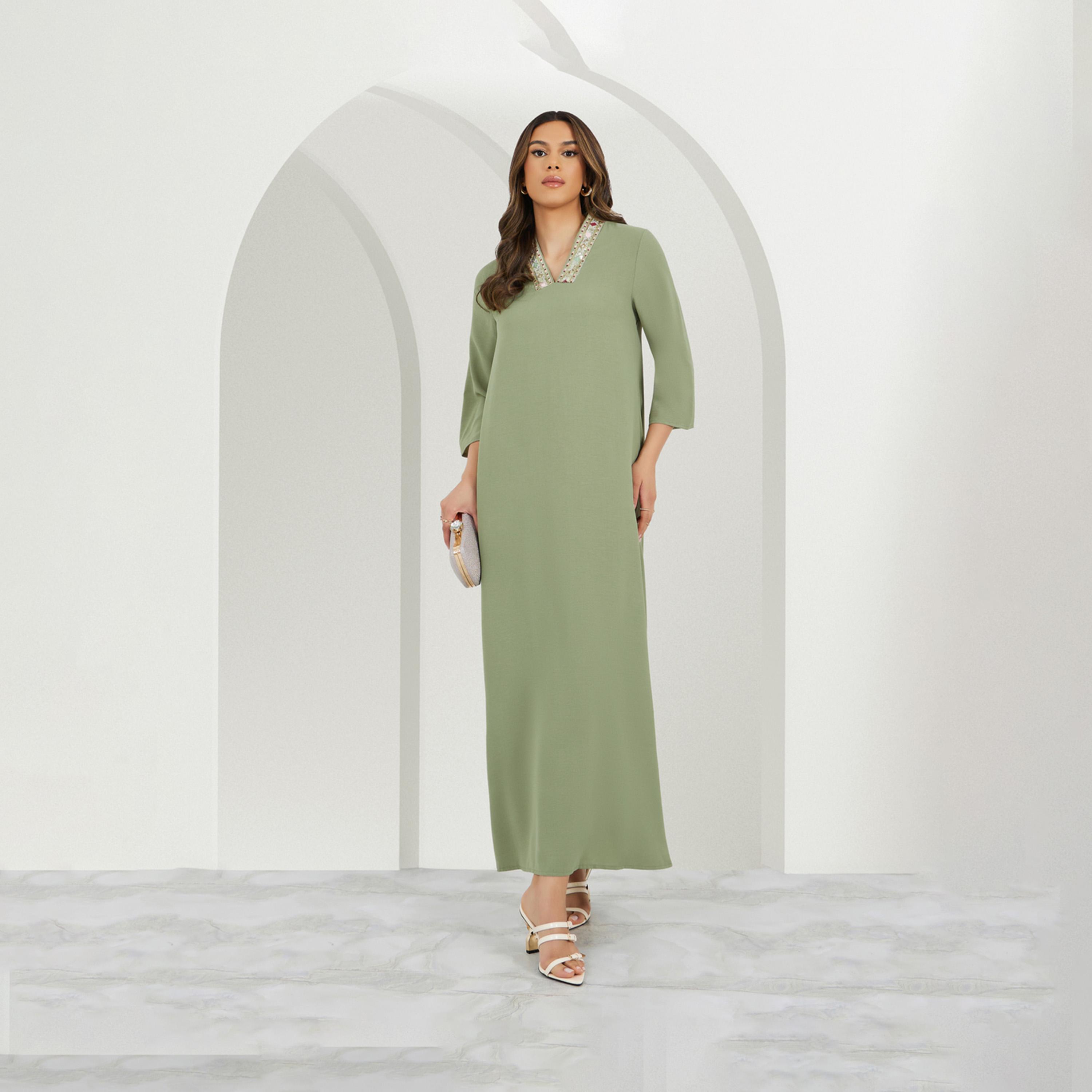 Styli Lace Insert V Neck Jalabiya With 3/4 Sleeves-women-arabicclothing-jalabiyas-image-1