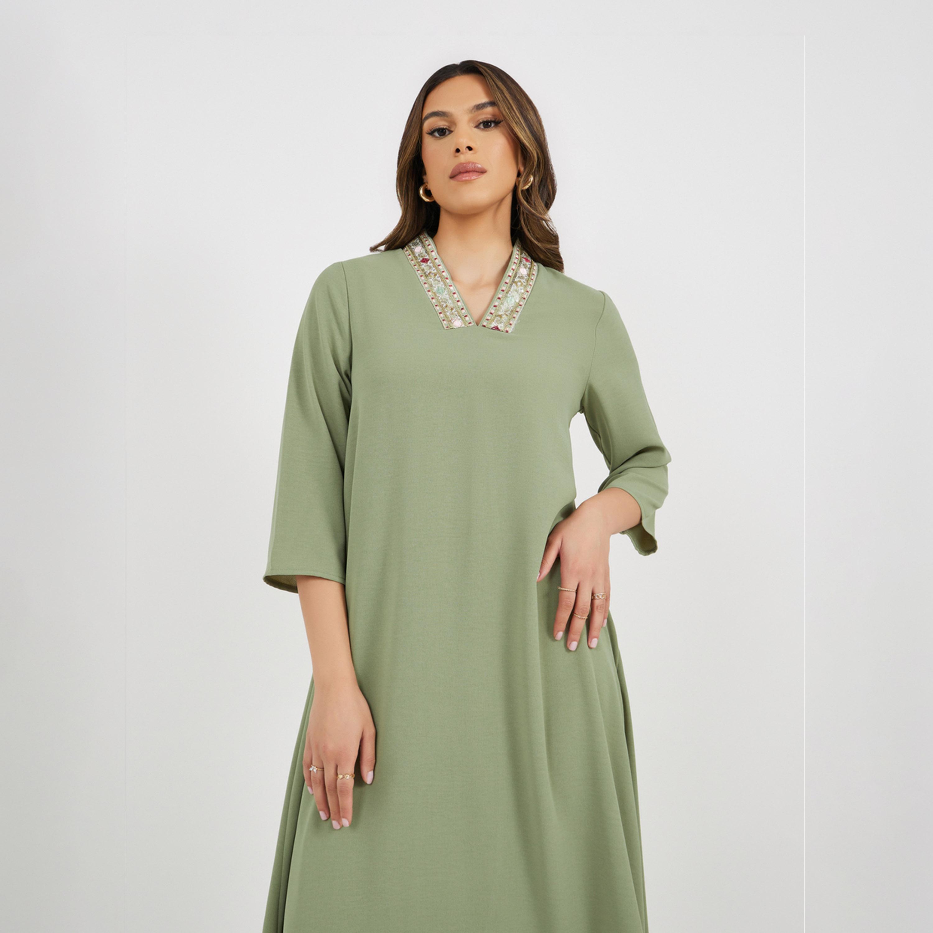 Styli Lace Insert V Neck Jalabiya With 3/4 Sleeves-women-arabicclothing-jalabiyas-image-2