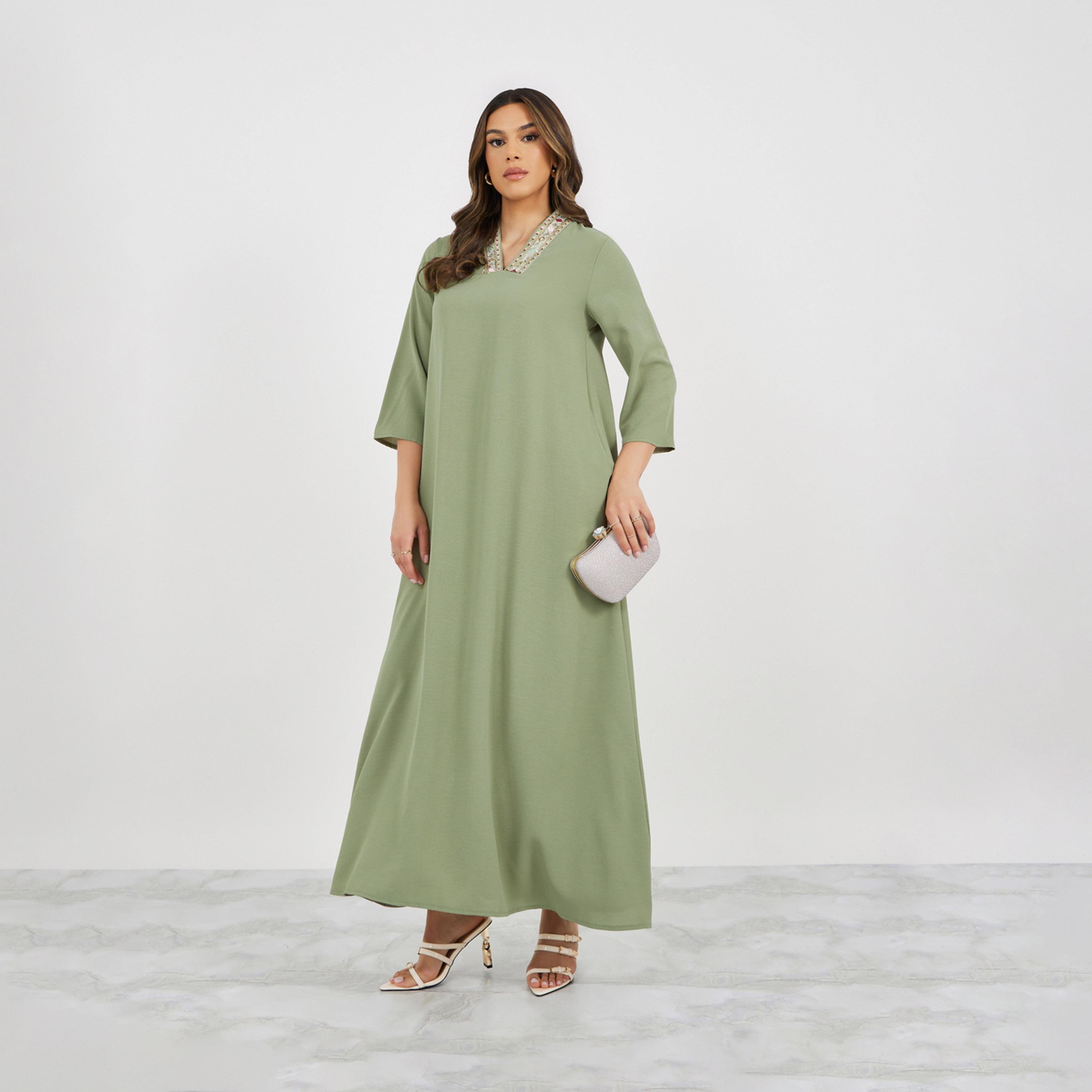 Styli Lace Insert V Neck Jalabiya With 3/4 Sleeves-women-arabicclothing-jalabiyas-image-3