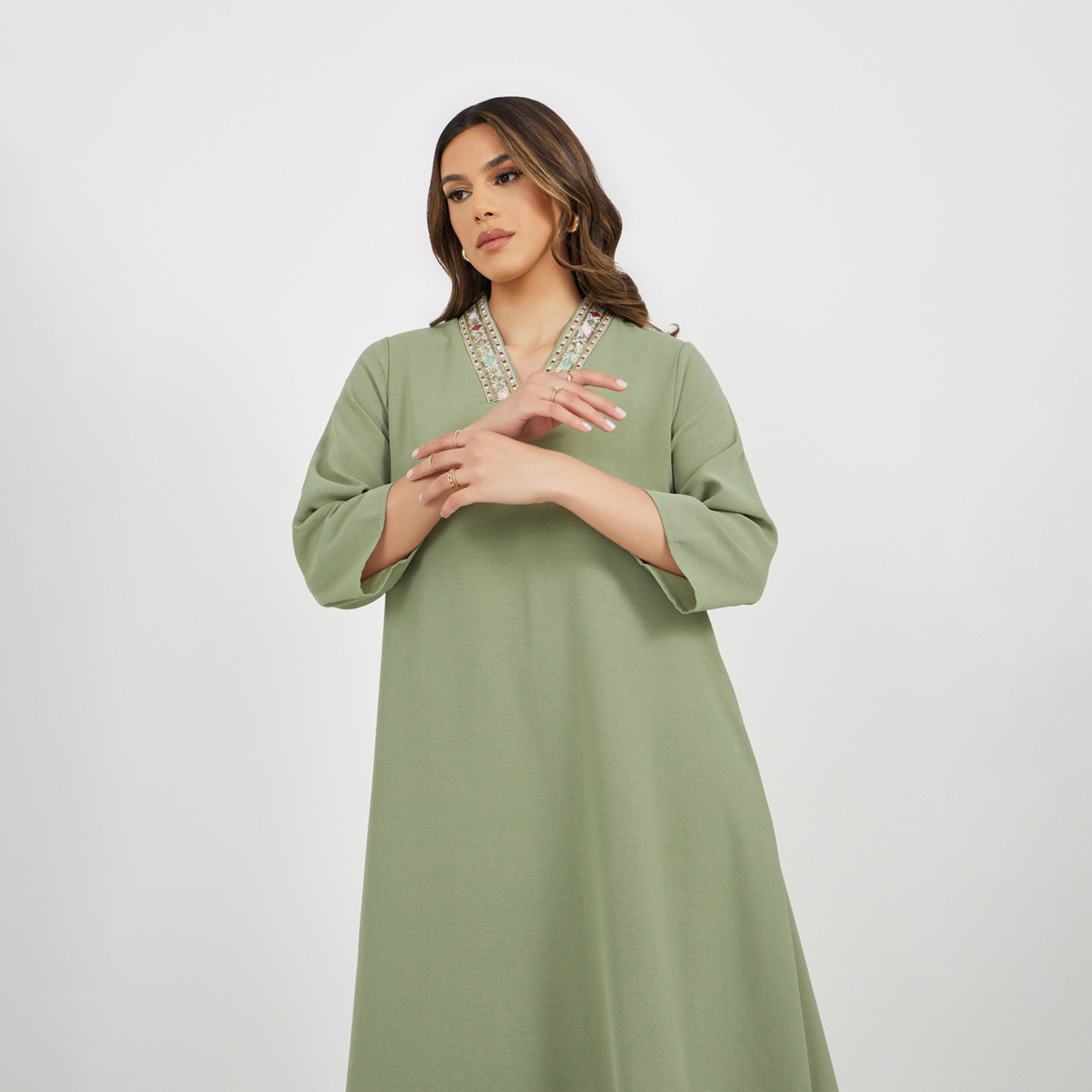 Styli Lace Insert V Neck Jalabiya With 3/4 Sleeves-women-arabicclothing-jalabiyas-image-4