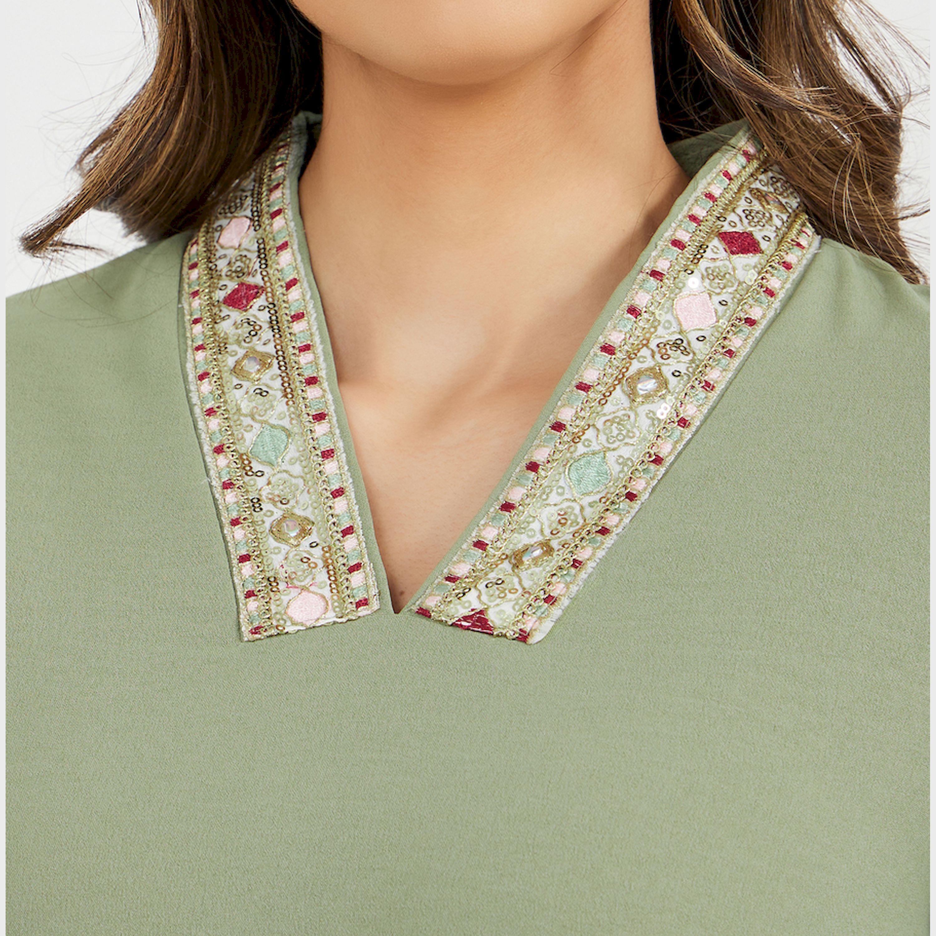 Styli Lace Insert V Neck Jalabiya With 3/4 Sleeves-women-arabicclothing-jalabiyas-image-5