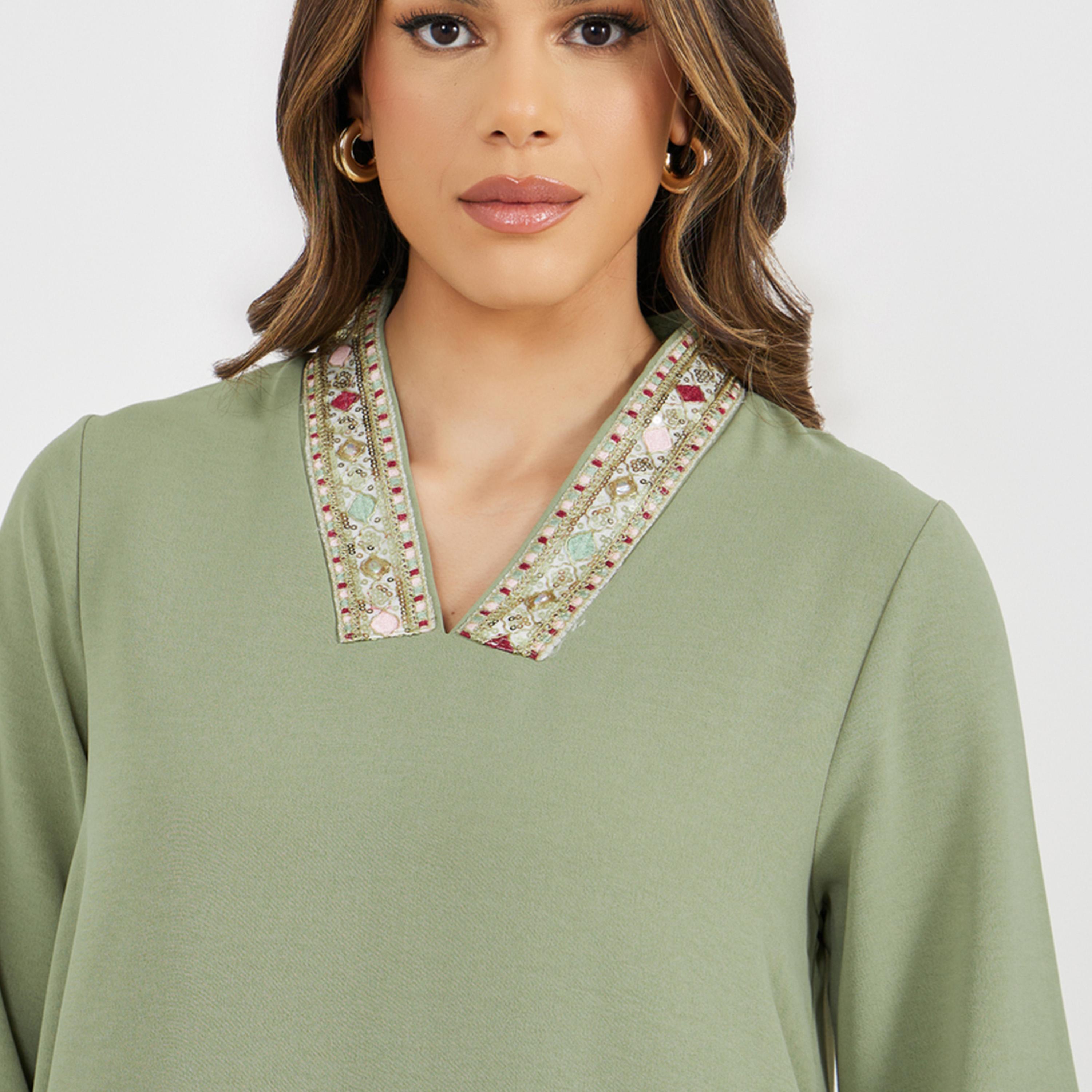 Styli Lace Insert V Neck Jalabiya With 3/4 Sleeves-women-arabicclothing-jalabiyas-image-6