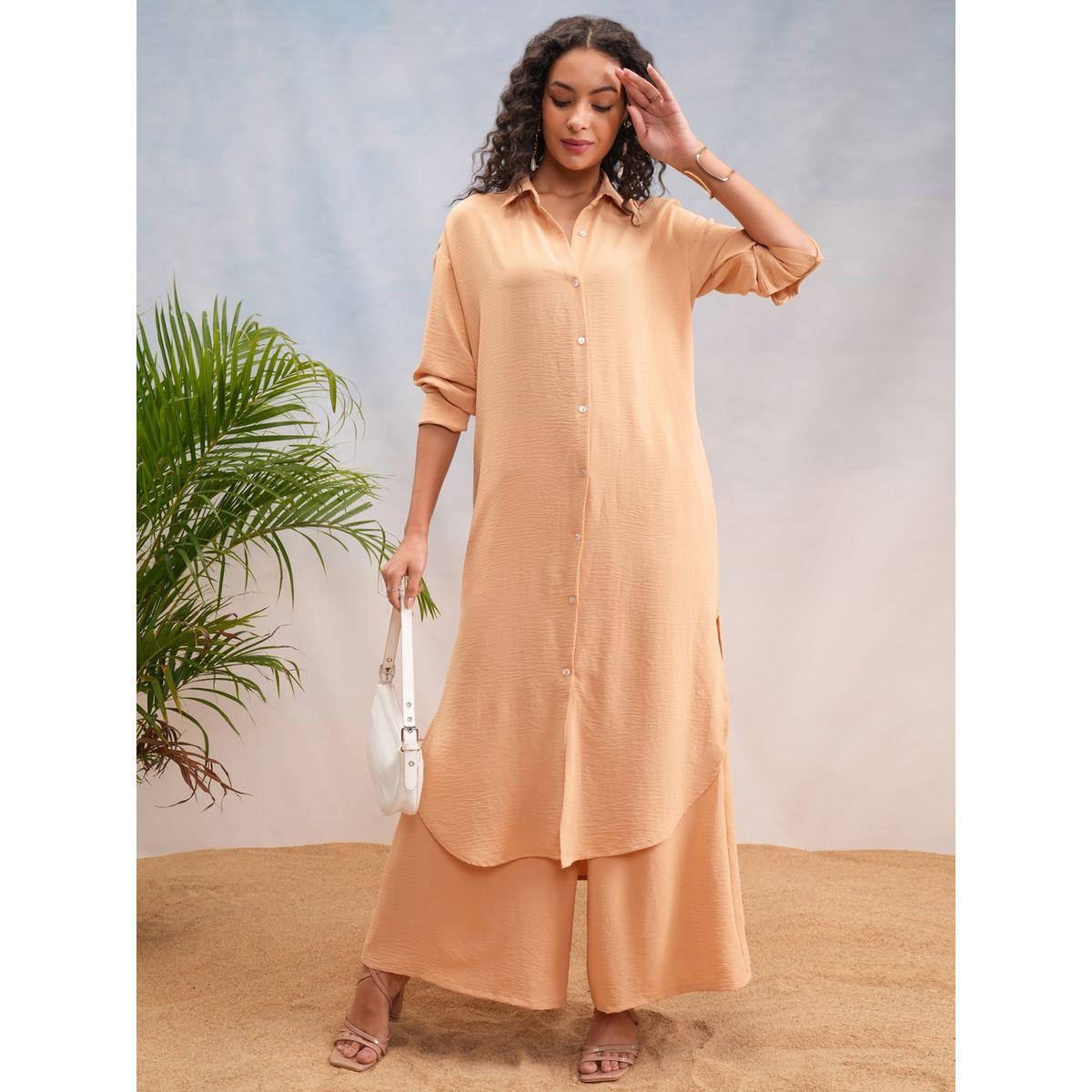 طقم منسق من بنطال بالازو مع تونيك سادة بأكتاف منخفضة فيشود × ستايلي-women-clothing-coordsets-image-2