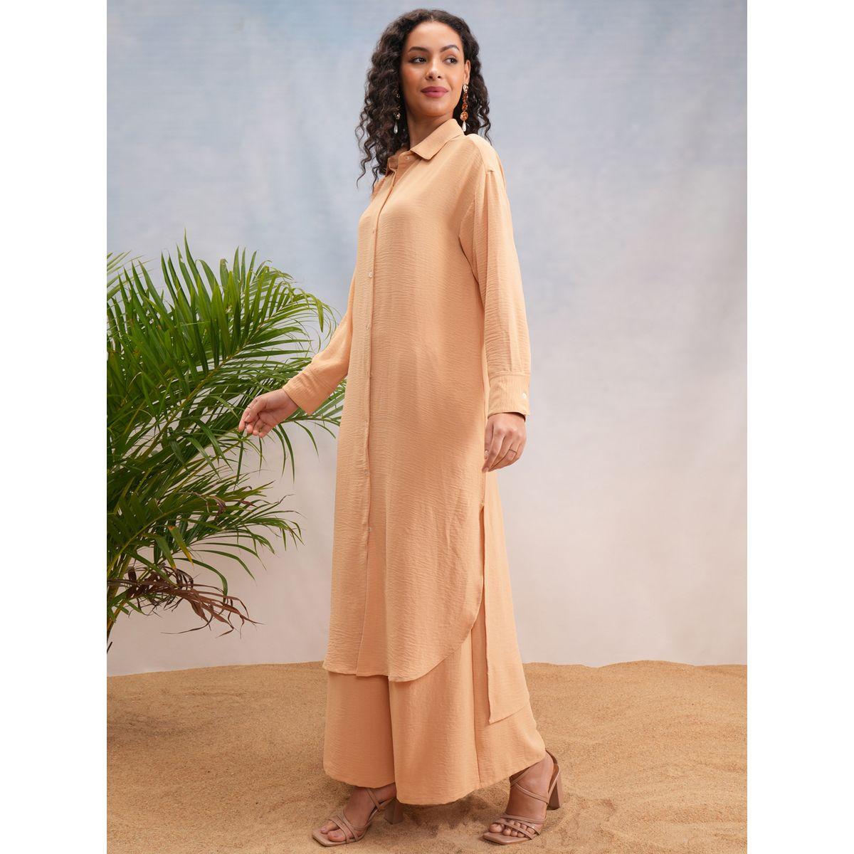 طقم منسق من بنطال بالازو مع تونيك سادة بأكتاف منخفضة فيشود × ستايلي-women-clothing-coordsets-image-4
