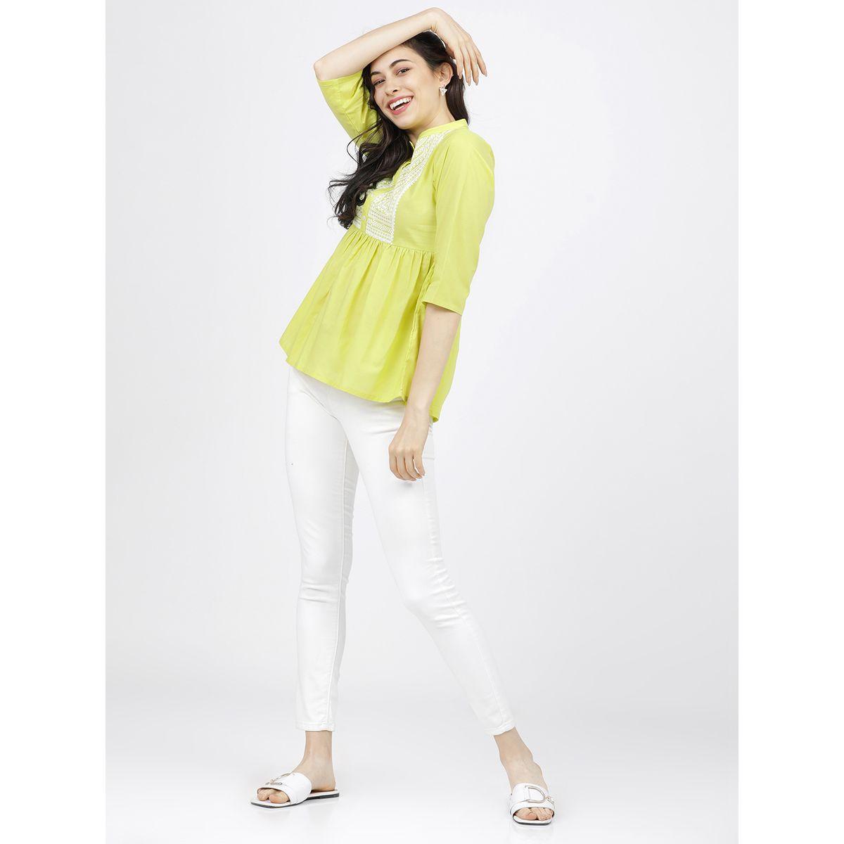 Vishudh X Styli  Geometric Mandarin Collar Pure Cotton Cinched Waist Top-women-clothing-shirtsandblouses-blouses-image-5
