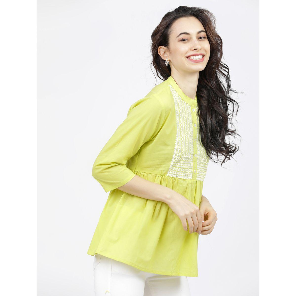 Vishudh X Styli  Geometric Mandarin Collar Pure Cotton Cinched Waist Top-women-clothing-shirtsandblouses-blouses-image-6