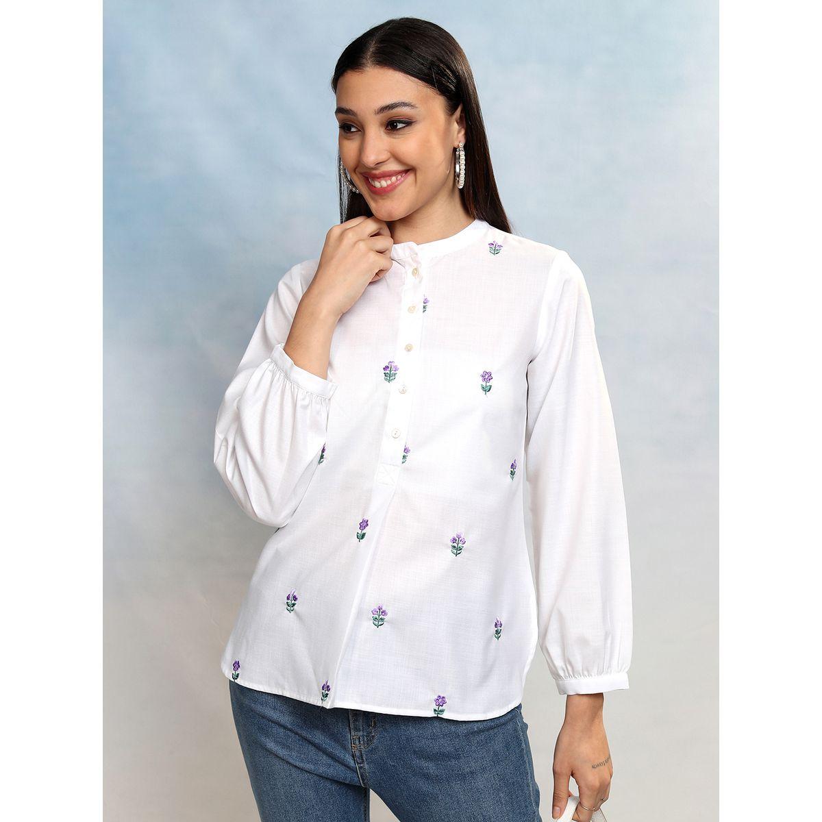 بلوزة بزهور مُطرّزة وياقة ماندارين فيشود × ستايلي-women-clothing-shirtsandblouses-shirts-image-1