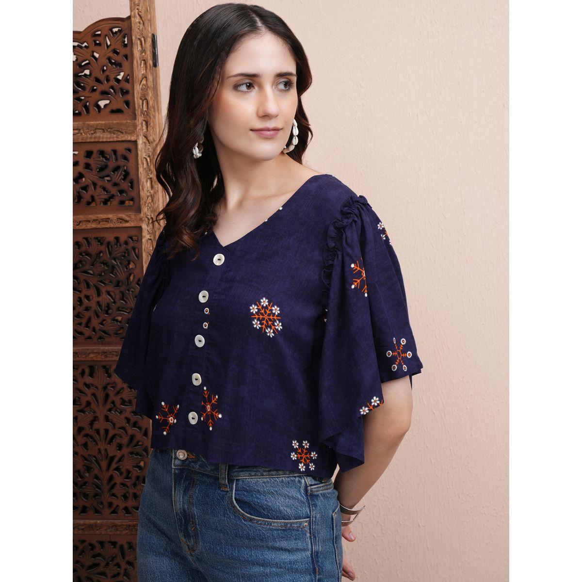 بلوزة قصيرة بطبعة زهور وأكمام واسعة فيشود × ستايلي-women-clothing-tshirts-image-4