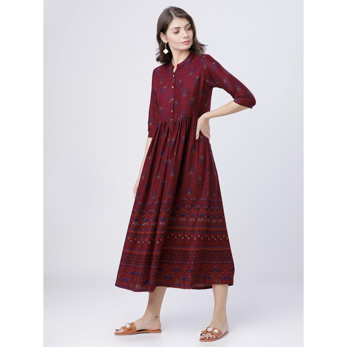 Vishudh X Styli  Viscose Printed Midi Dress with 3/4 Sleeves-women-clothing-dresses-image-2