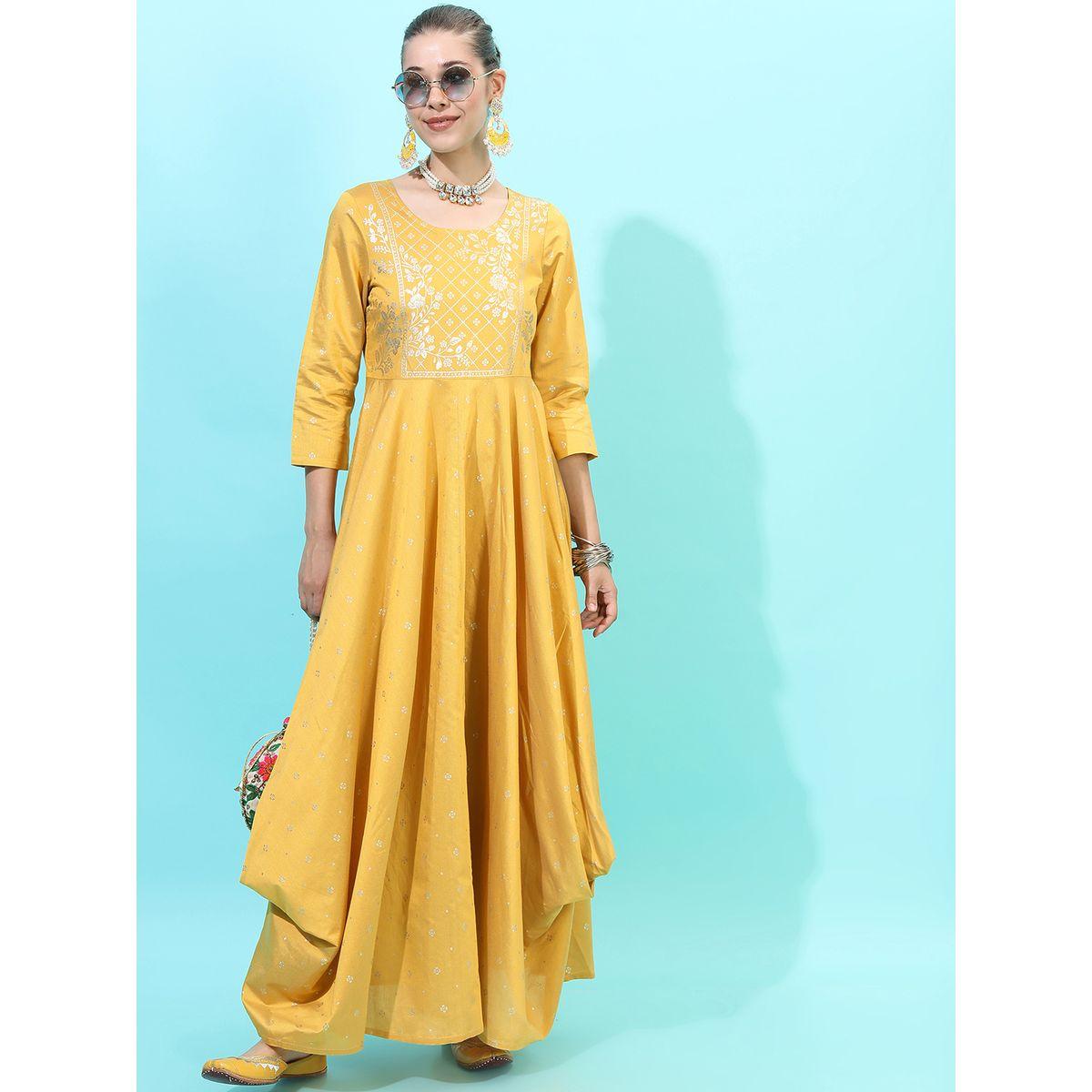 Vishudh X Styli  Foil Panel Print 3/4 Sleeves A-Line Ethnic Maxi Dresses-women-clothing-dresses-image-1