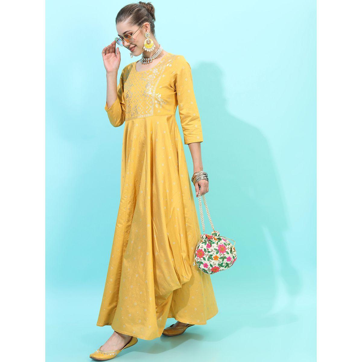 Vishudh X Styli  Foil Panel Print 3/4 Sleeves A-Line Ethnic Maxi Dresses-women-clothing-dresses-image-2