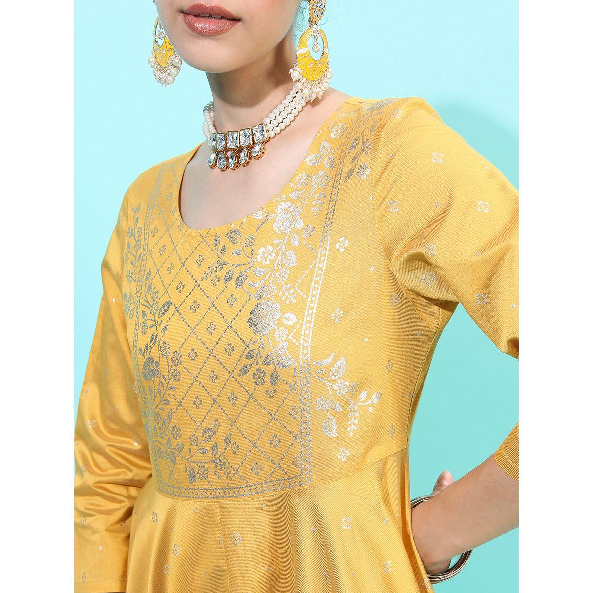 Vishudh X Styli  Foil Panel Print 3/4 Sleeves A-Line Ethnic Maxi Dresses-women-clothing-dresses-image-4
