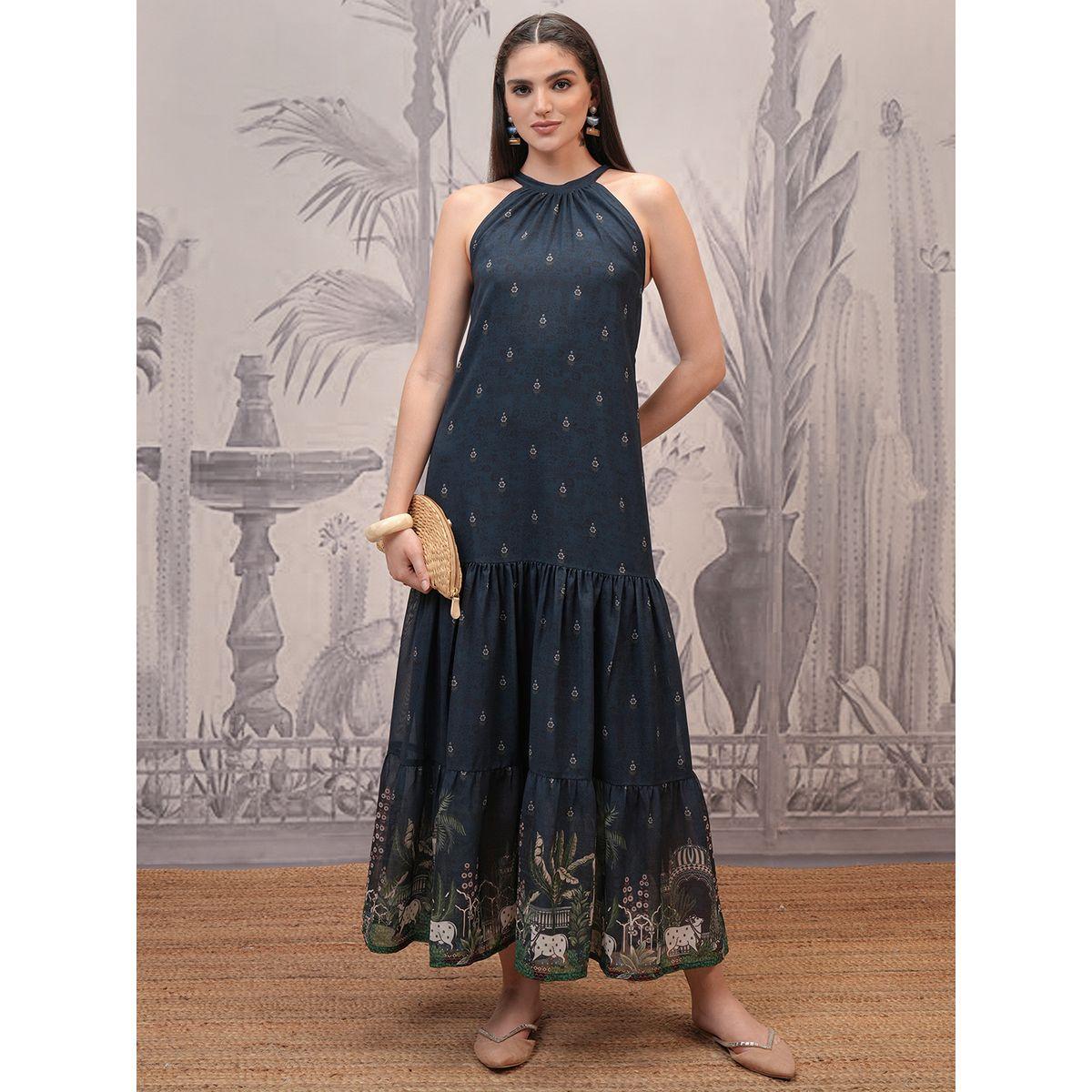 فستان طويل مطبع بالكامل مع ياقة هولتر فيشود × ستايلي-women-clothing-dresses-image-1