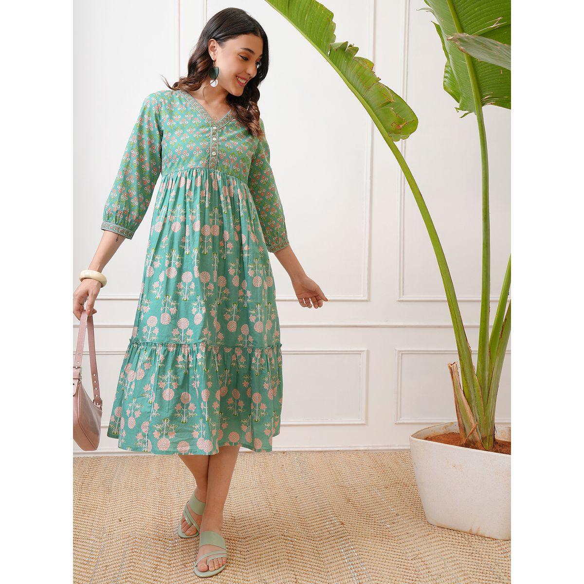فستان ميدي بطبعة زهور وحافة واسعة فيشود × ستايلي-women-clothing-dresses-image-1