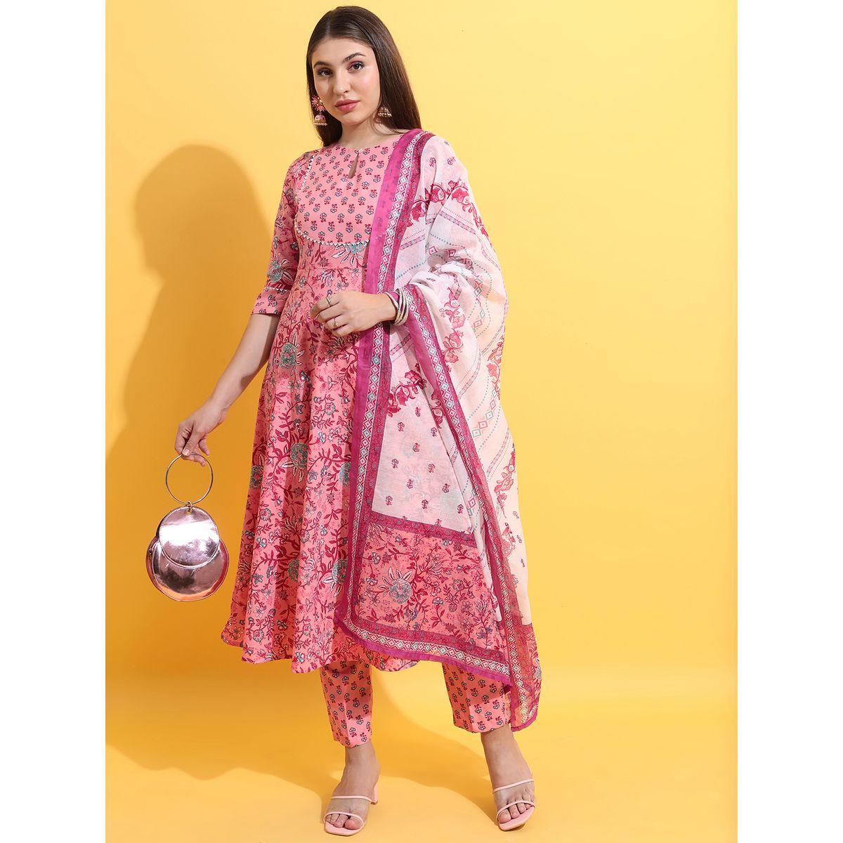 Ketch X Styli  Pack of 3 - Floral Print Anarkali Kurta, Trousers & Dupatta-women-clothing-ethnicwear-bottoms-pants-image-1