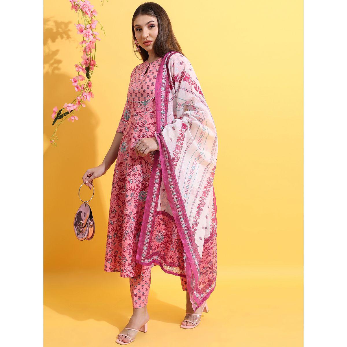Ketch X Styli  Pack of 3 - Floral Print Anarkali Kurta, Trousers & Dupatta-women-clothing-ethnicwear-bottoms-pants-image-2