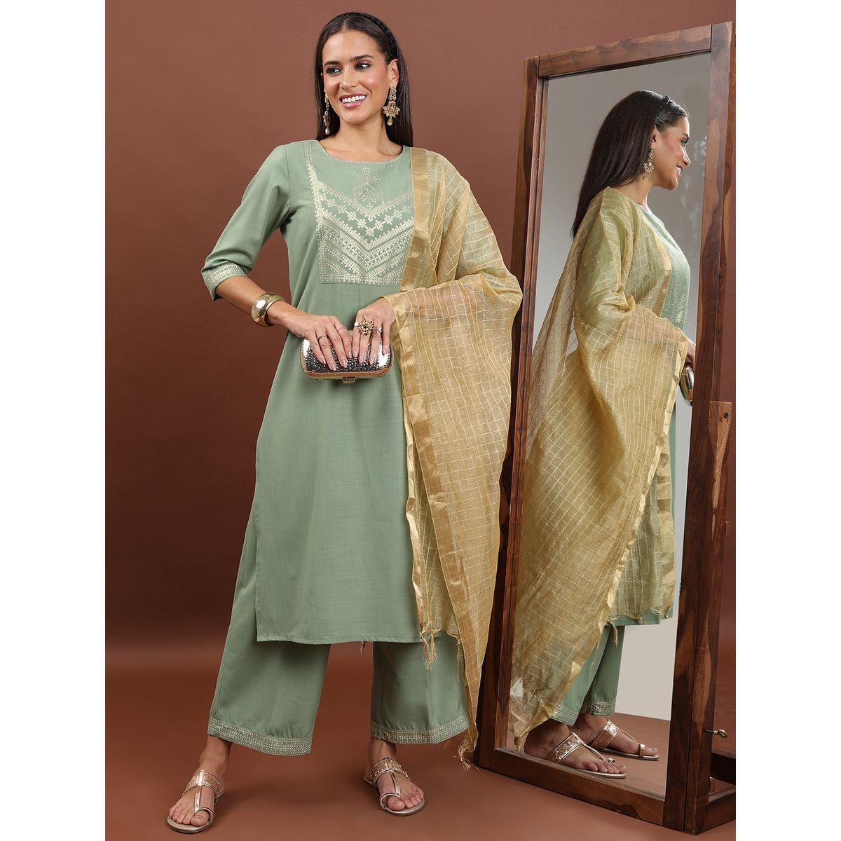 مجموعة من 3 - كورتا وبنطال بالازو مع دوباتا كيتش × ستايلي-women-clothing-ethnicwear-bottoms-pants-image-1