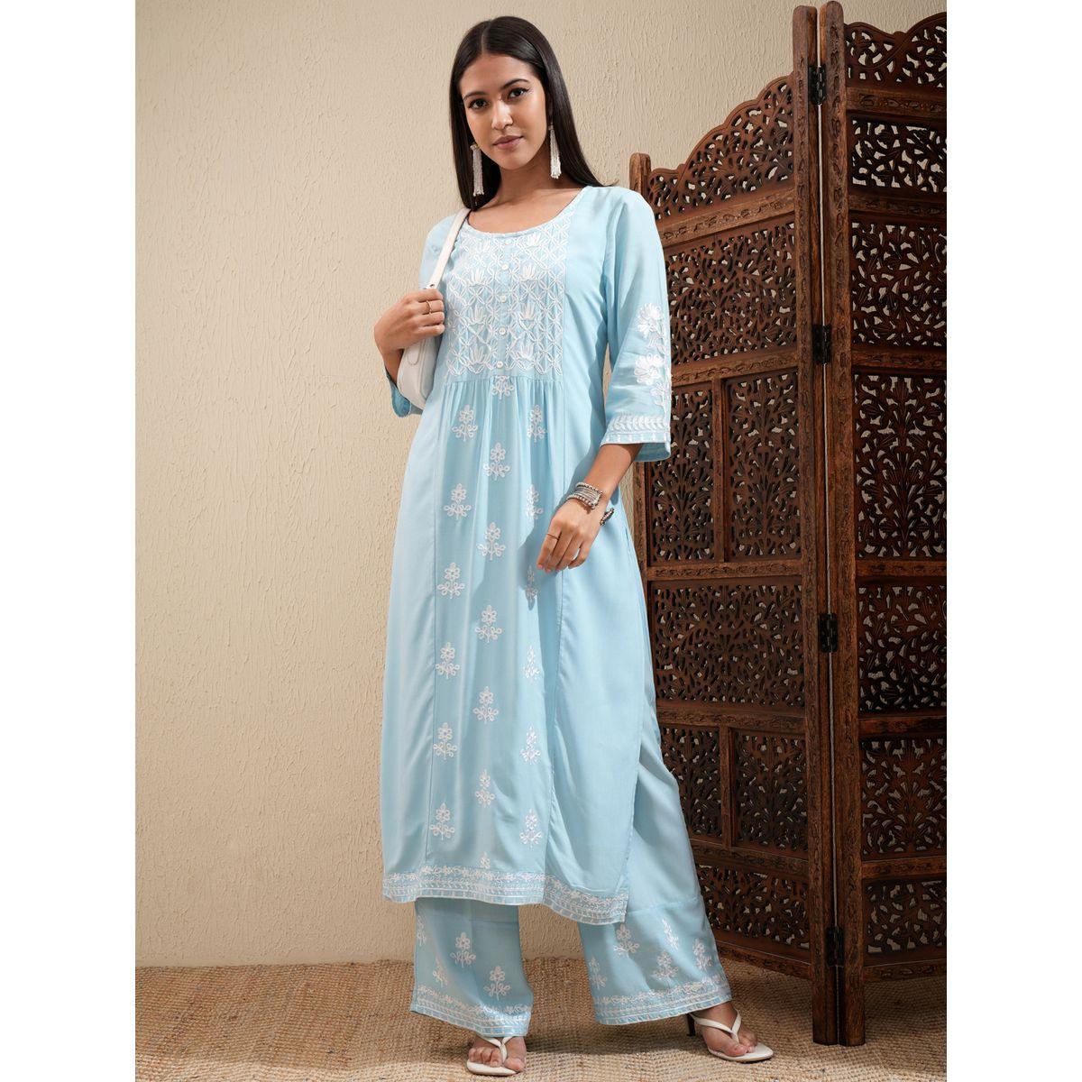 مجموعة من بنطال بالازو مع كورتا مُطرّزة بزهور فيشود × ستايلي-women-clothing-ethnicwear-kurtasets-image-2