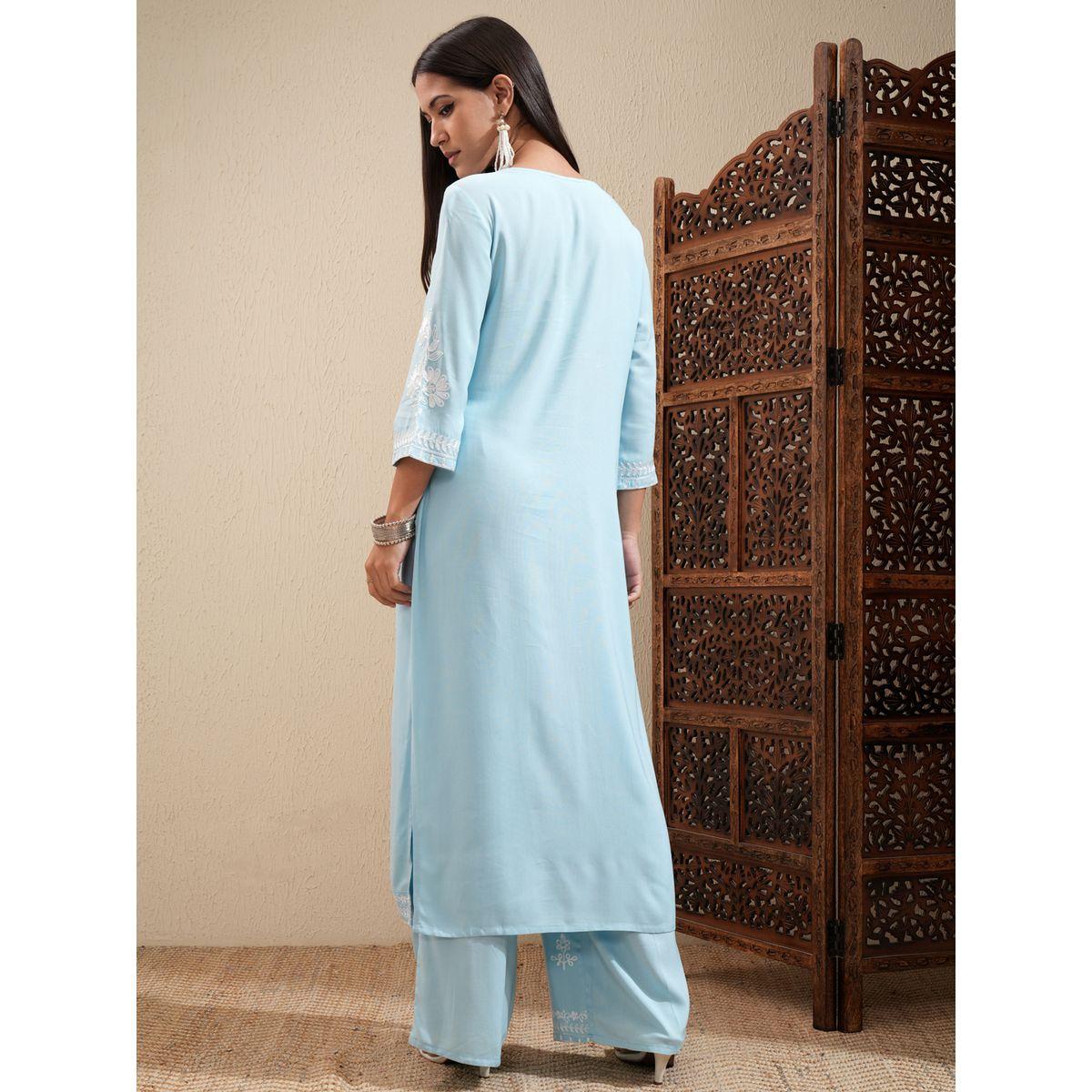 Vishudh X Styli  Floral Embroidered Thread Work Straight Kurta & Palazzos Set-women-clothing-ethnicwear-kurtasets-image-3