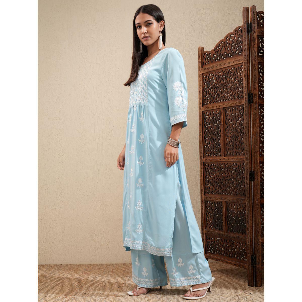 مجموعة من بنطال بالازو مع كورتا مُطرّزة بزهور فيشود × ستايلي-women-clothing-ethnicwear-kurtasets-image-4