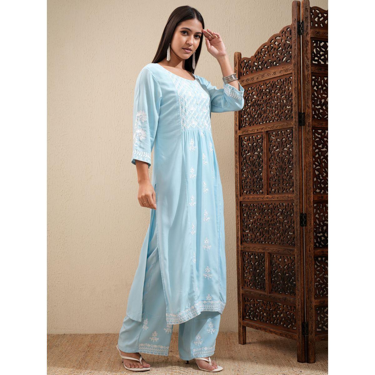 مجموعة من بنطال بالازو مع كورتا مُطرّزة بزهور فيشود × ستايلي-women-clothing-ethnicwear-kurtasets-image-6