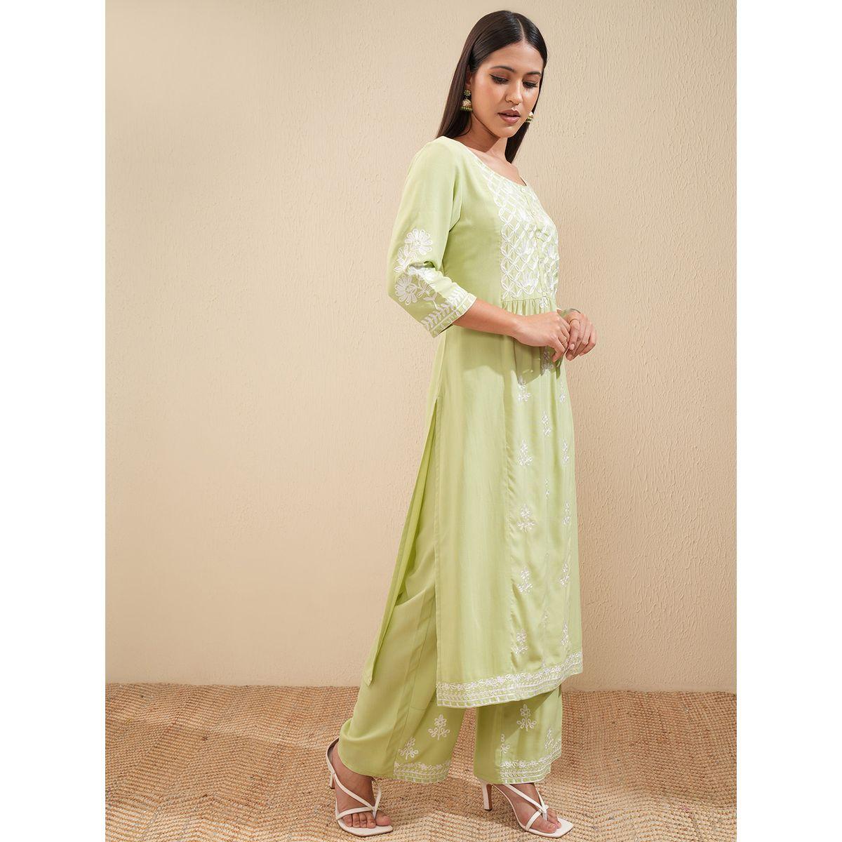 مجموعة من بنطال بالازو مع كورتا مُطرّزة بزهور فيشود × ستايلي-women-clothing-ethnicwear-kurtasets-image-6