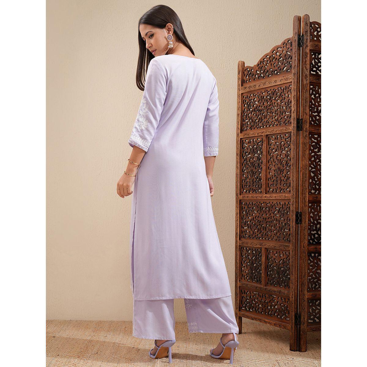 مجموعة من بنطال بالازو مع كورتا مُطرّزة بزهور فيشود × ستايلي-women-clothing-ethnicwear-kurtasets-image-3