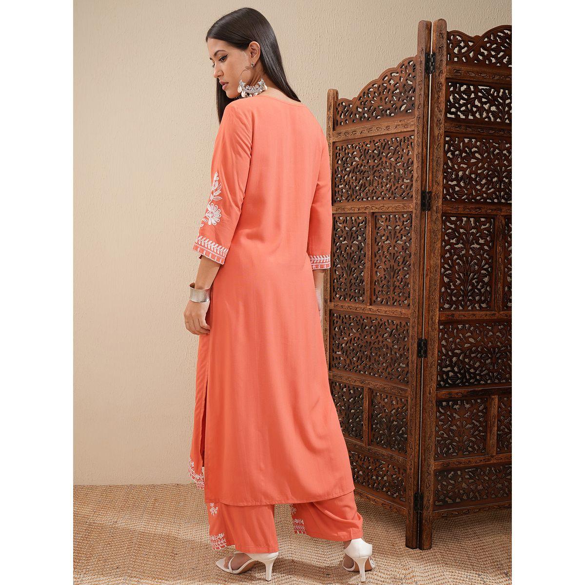 Vishudh X Styli  Floral Embroidered Thread Work Straight Kurta & Palazzos Set-women-clothing-ethnicwear-kurtasets-image-3