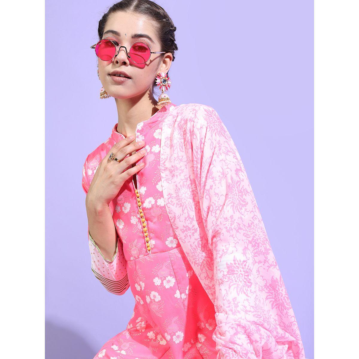 مجموعة من 3 - كورتا وبنطال بالازو مع دوباتا فيشود × ستايلي-women-clothing-ethnicwear-kurtasets-image-2