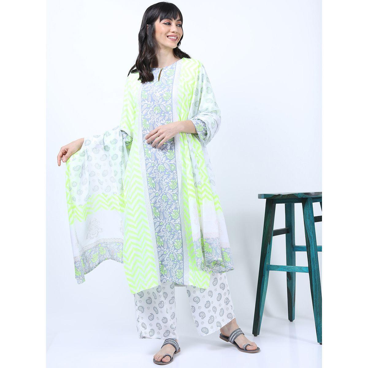 Vishudh X Styli  Pack of 3 - Floral Yoke Design Empire Kurta, Trousers & Dupatta-women-clothing-ethnicwear-kurtasets-image-1