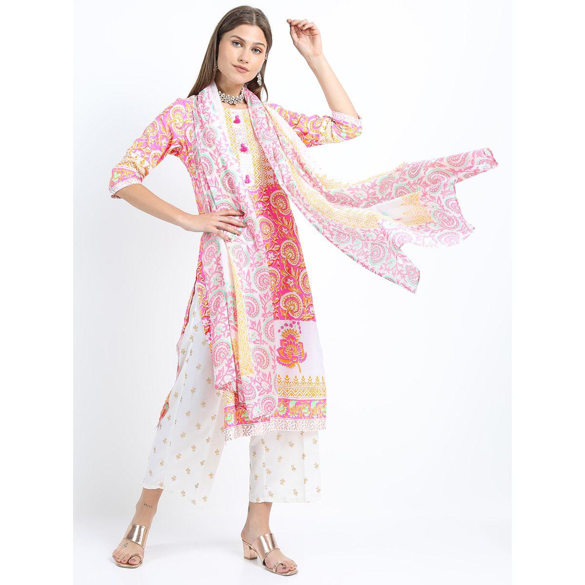 Vishudh Pack of 3 - Floral Print Kurta, Palazzo & Dupatta-women-clothing-ethnicwear-bottoms-pants-image-1