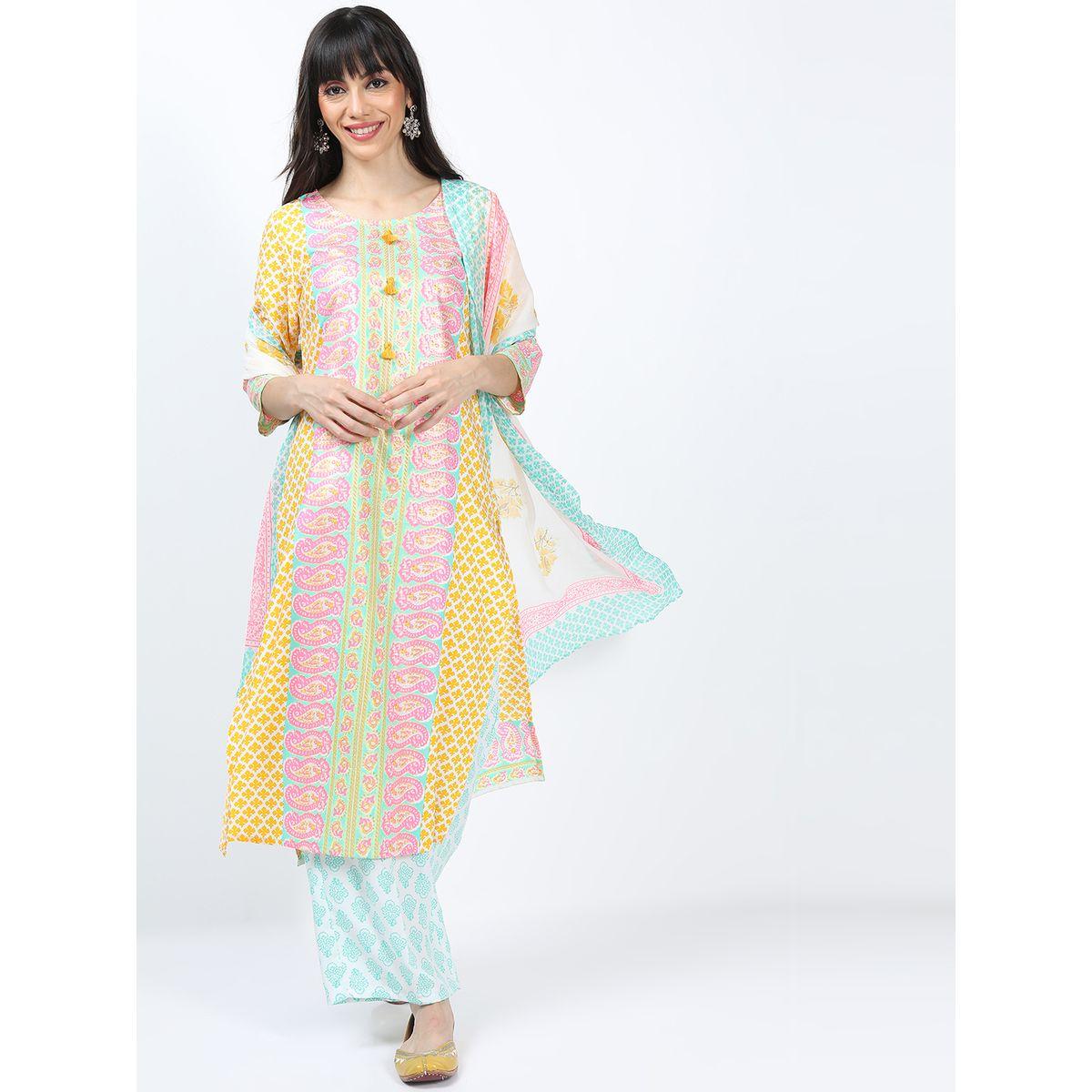 Vishudh X Styli  Pack of 3 - Paisley Print Kurta, Palazzos & Dupatta-women-clothing-ethnicwear-bottoms-pants-image-1