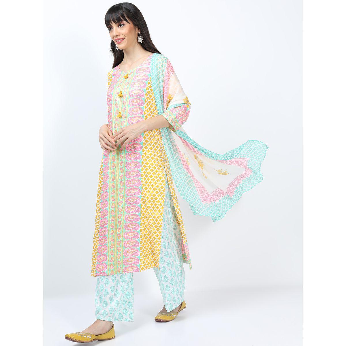 Vishudh X Styli  Pack of 3 - Paisley Print Kurta, Palazzos & Dupatta-women-clothing-ethnicwear-bottoms-pants-image-2