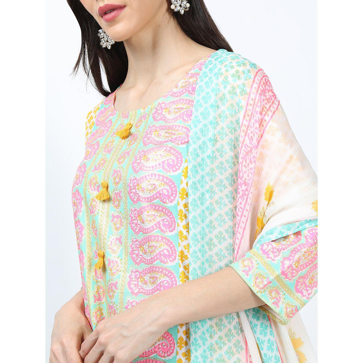 Vishudh X Styli  Pack of 3 - Paisley Print Kurta, Palazzos & Dupatta-women-clothing-ethnicwear-bottoms-pants-image-4