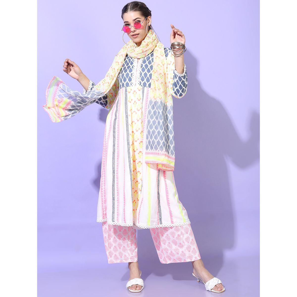 مجموعة من 3 - كورتا وبنطال مع دوباتا فيشود × ستايلي-women-clothing-ethnicwear-kurtasets-image-1