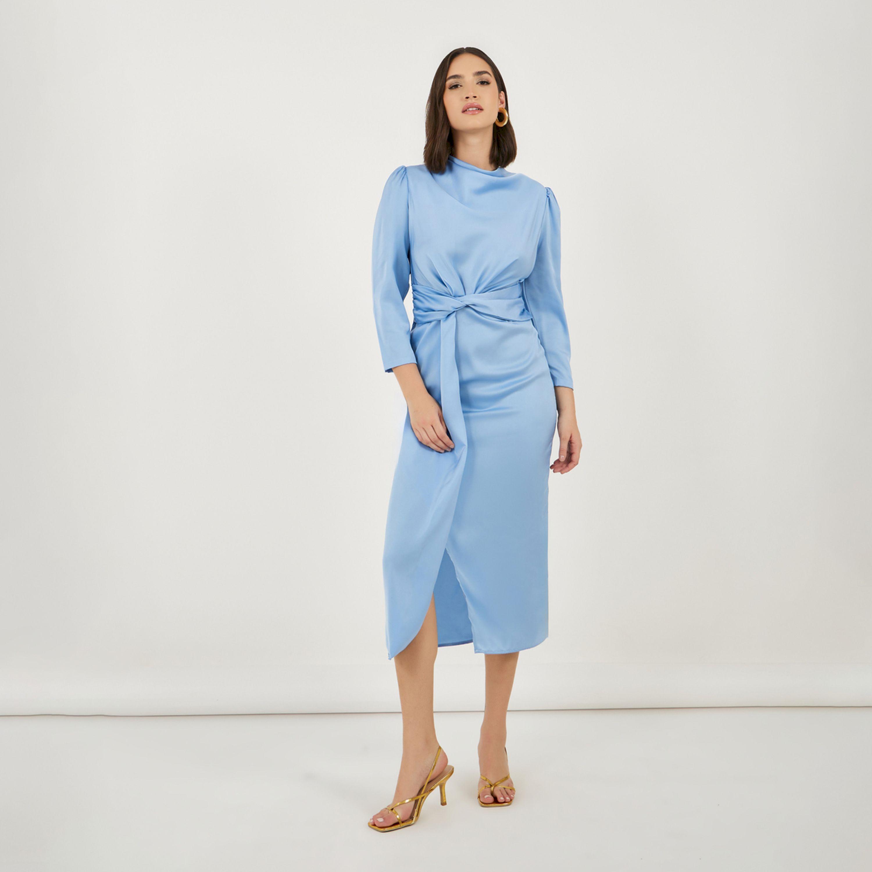 ستايلي - فستان ميدي بفتحة أمامية وتفاصيل رباط-women-clothing-dresses-image-1