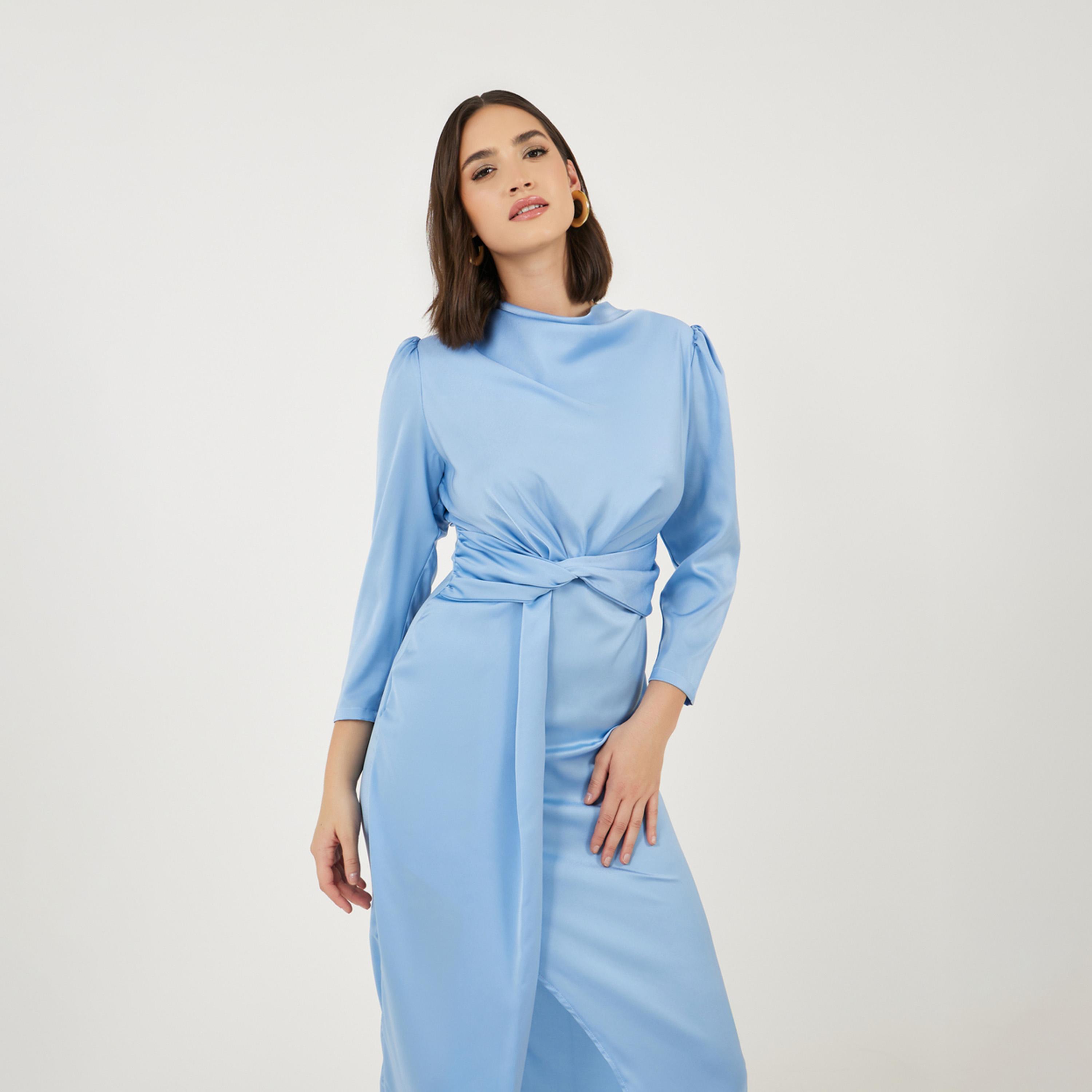 ستايلي - فستان ميدي بفتحة أمامية وتفاصيل رباط-women-clothing-dresses-image-2