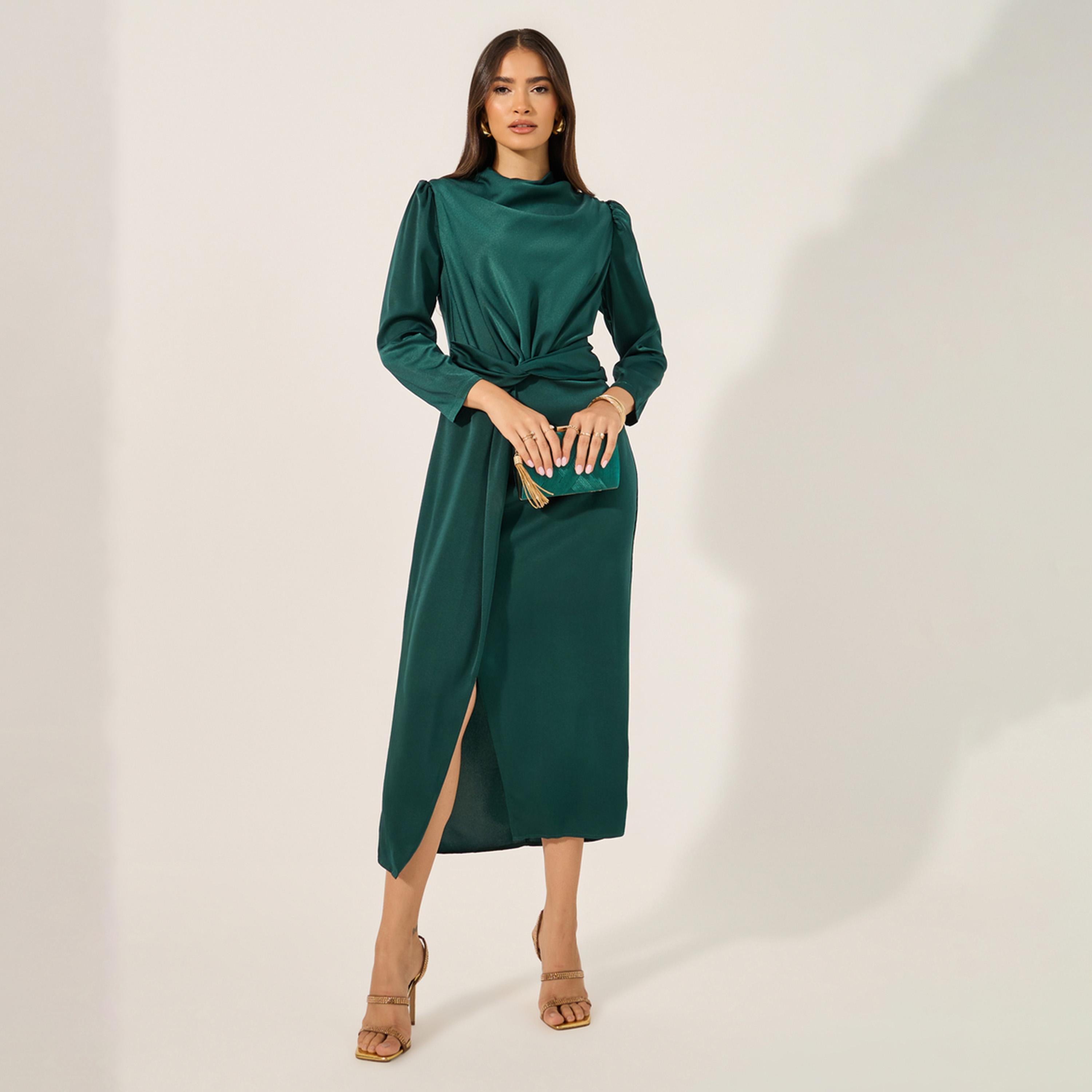 ستايلي - فستان ميدي ضيق بتفاصيل فتحة أمامية وتفاصيل رباط-women-clothing-dresses-image-1