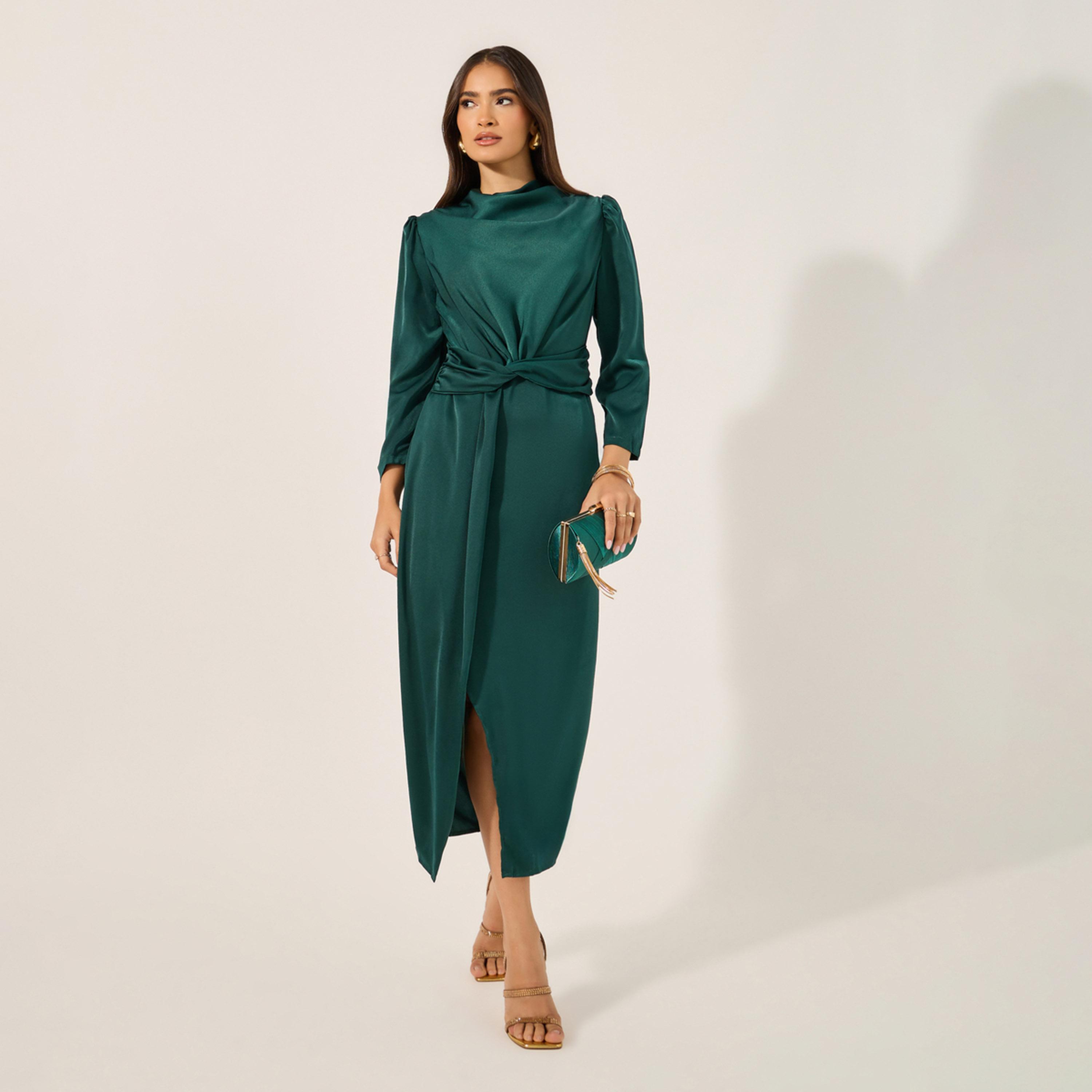 ستايلي - فستان ميدي ضيق بتفاصيل فتحة أمامية وتفاصيل رباط-women-clothing-dresses-image-2