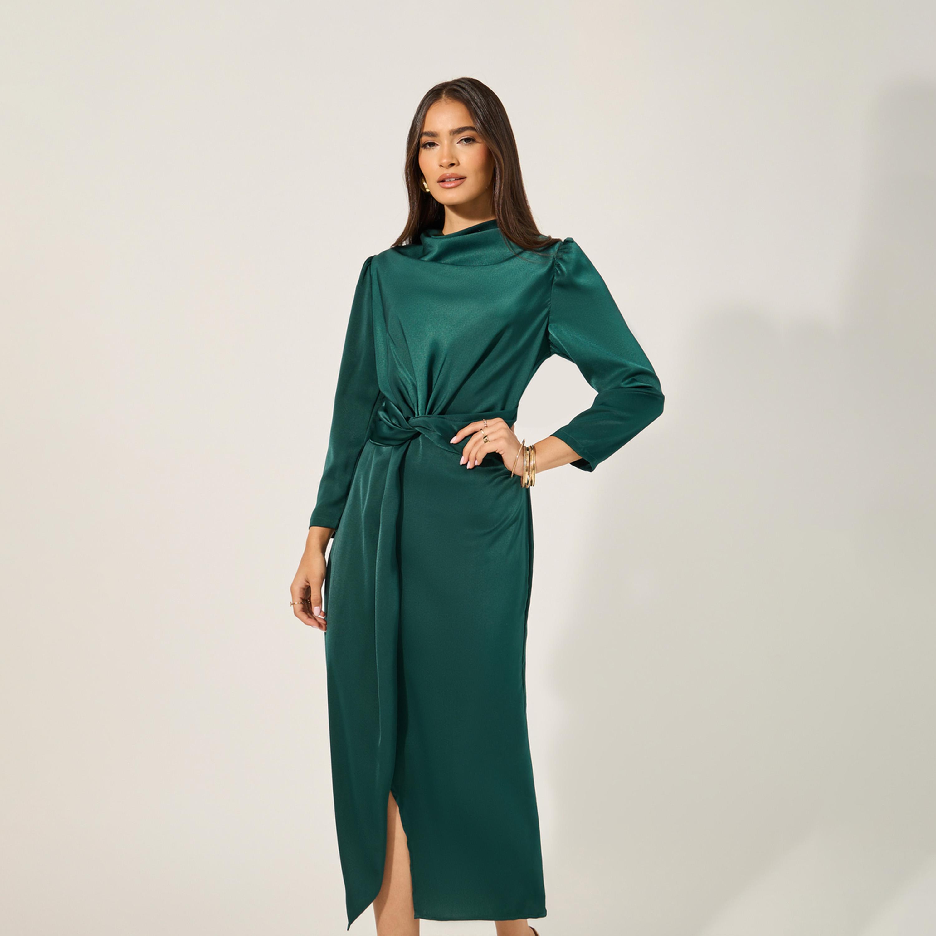ستايلي - فستان ميدي ضيق بتفاصيل فتحة أمامية وتفاصيل رباط-women-clothing-dresses-image-3