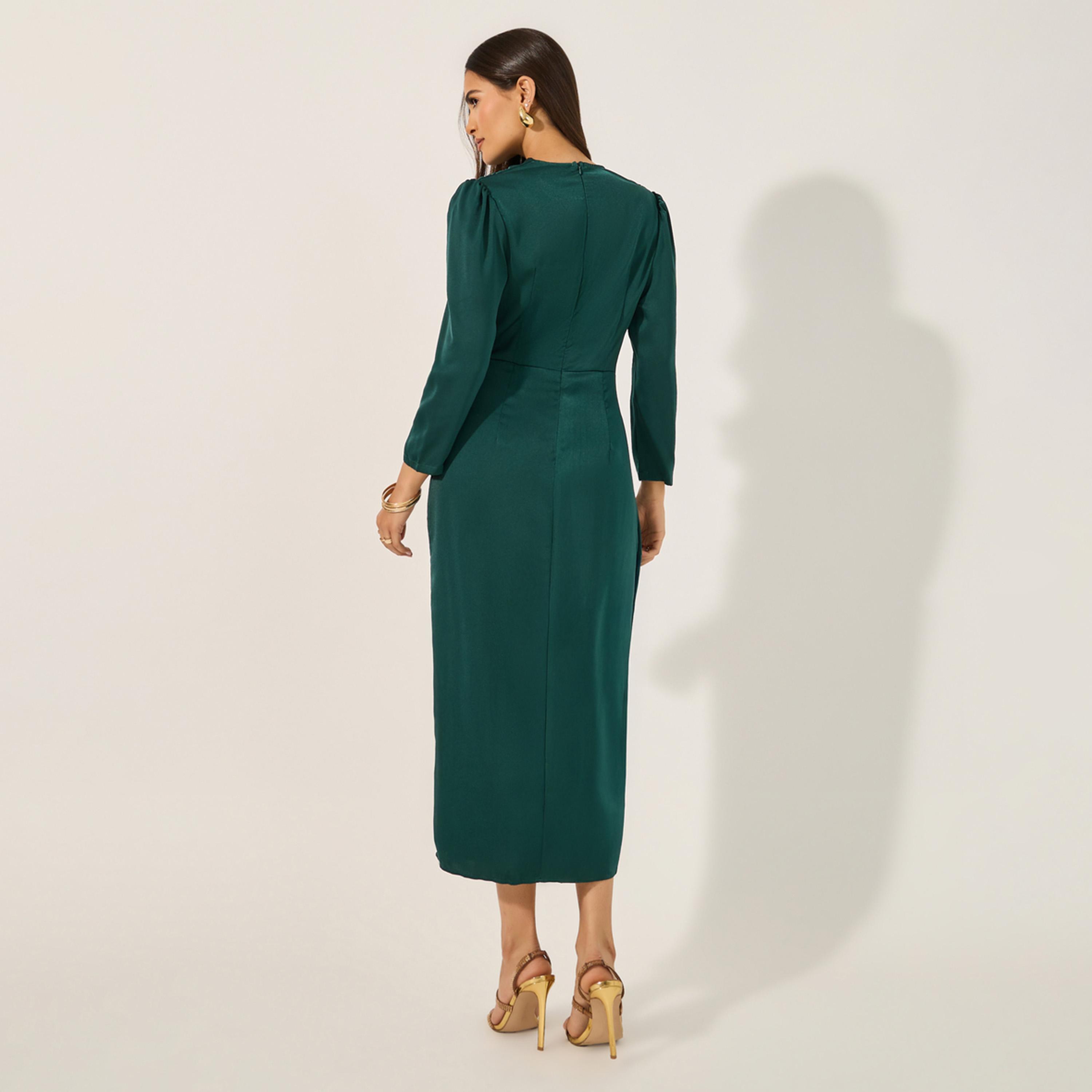 ستايلي - فستان ميدي ضيق بتفاصيل فتحة أمامية وتفاصيل رباط-women-clothing-dresses-image-5