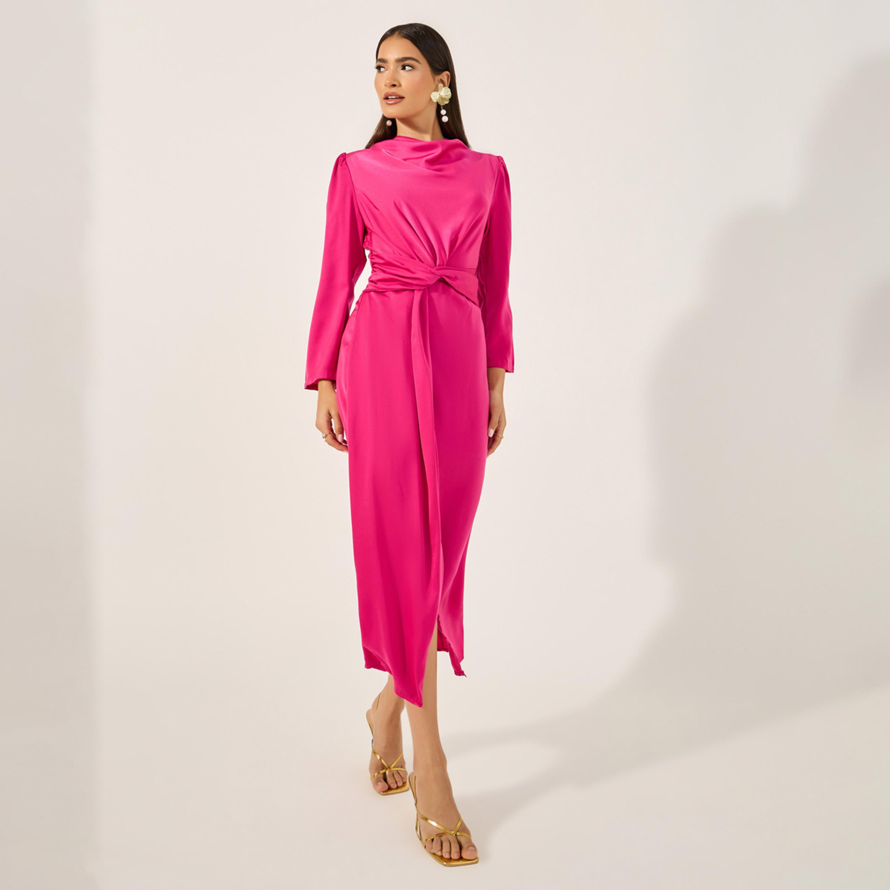 Styli Front Slit Detail Tie-Up Detail Sheath Midi Dress-women-clothing-dresses-image-1